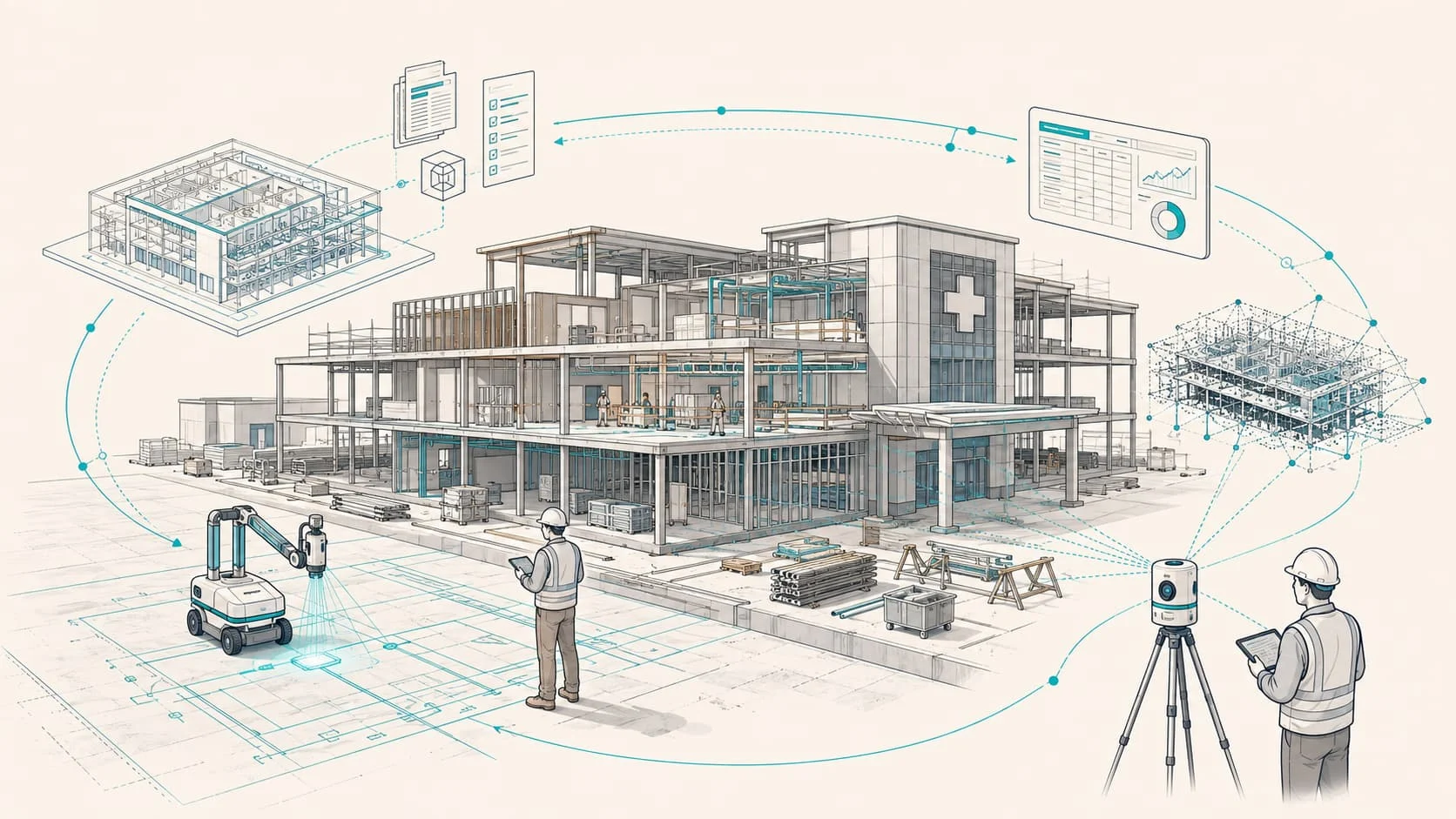 Architectural illustration of a hospital construction site connected to BIM data, progress tracking cameras, and robotic layout systems.