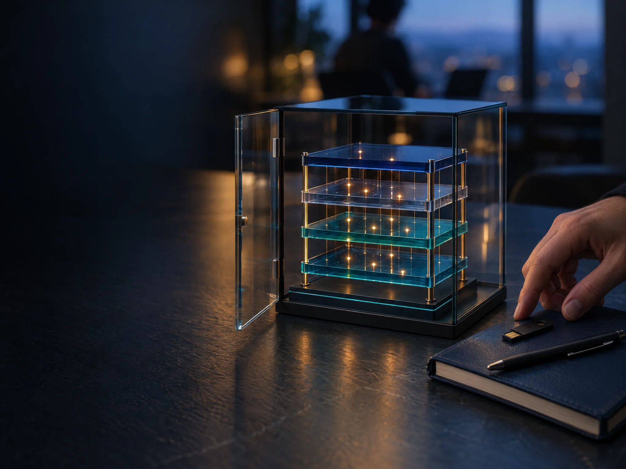 Conceptual four-layer acrylic software-stack model in an open glass case, with a security key on a navy notebook in a workspace at dusk