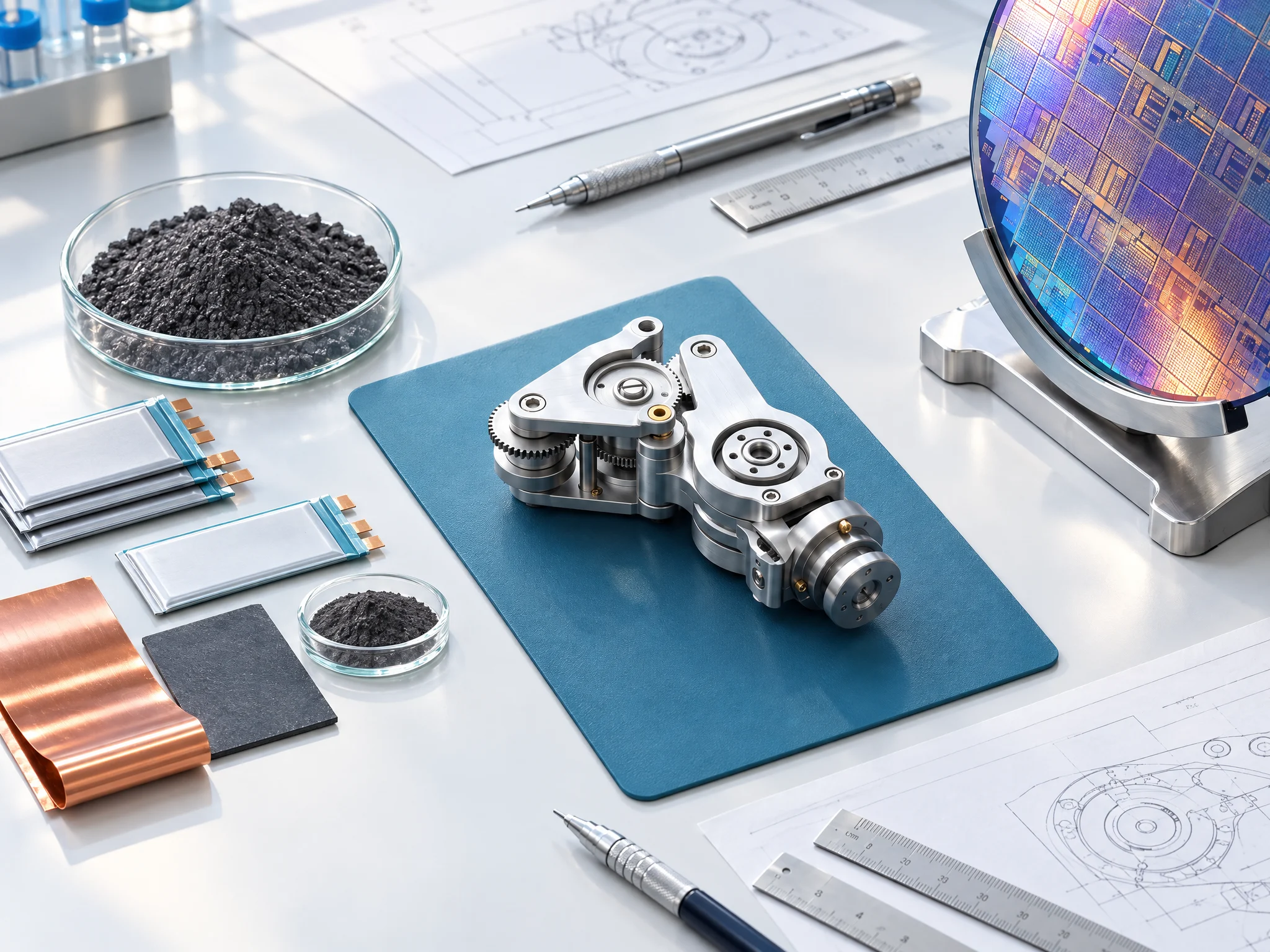 Conceptual engineering study of battery materials, a robotics mechanism, and a silicon wafer on a daylight workbench