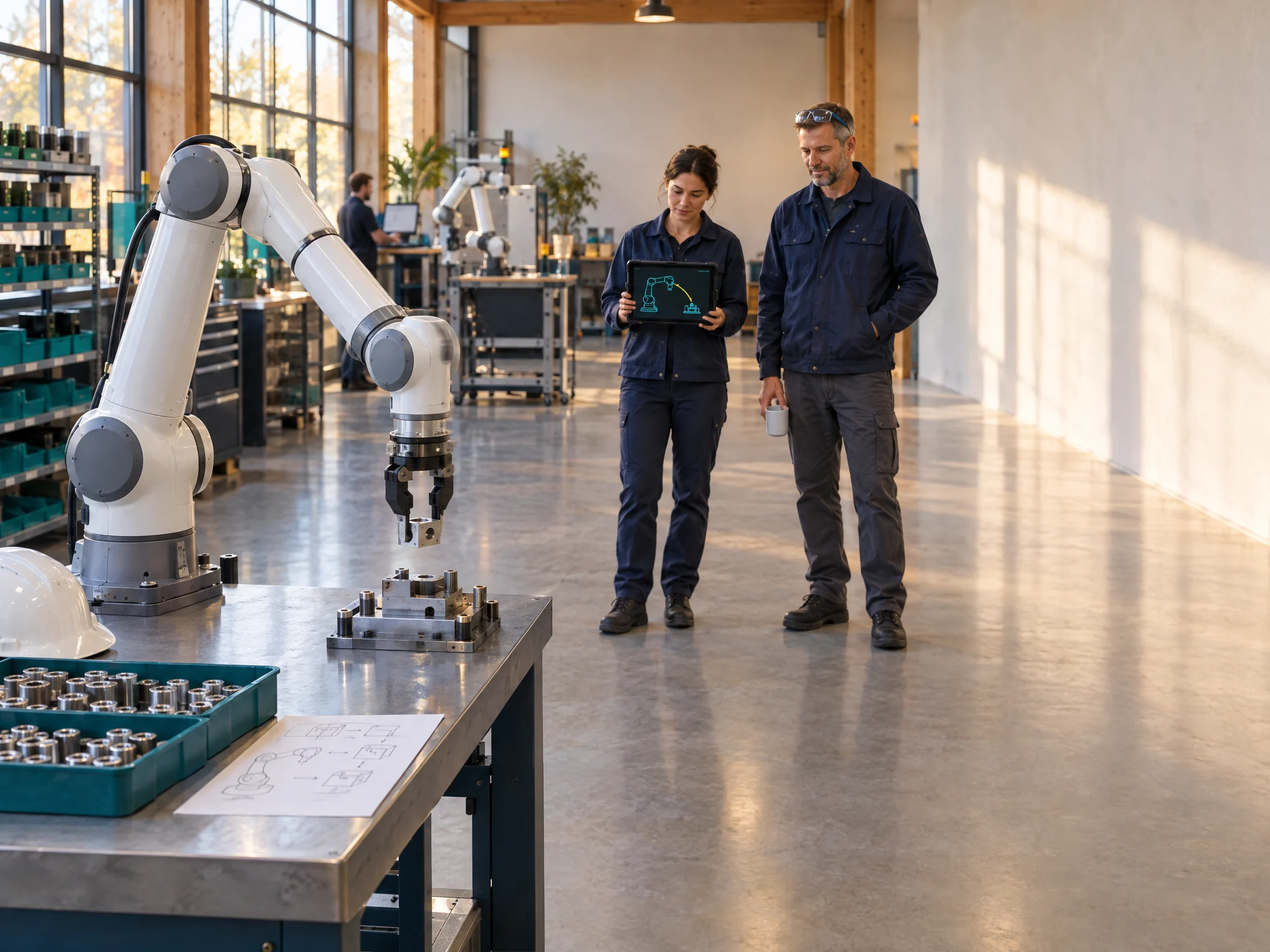 Conceptual workshop scene of a collaborative robot lowering a metal part into a fixture while a woman with a tablet and a technician observe from a clear distance