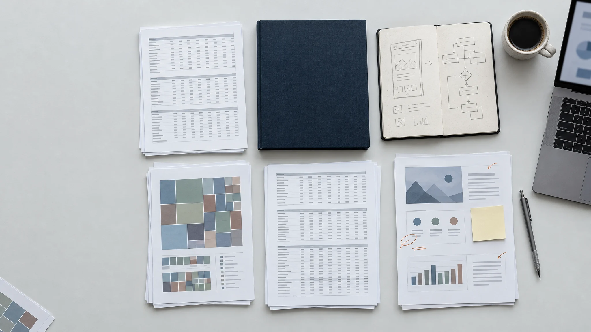 Financial models, a navy binder, and a founder notebook with product sketches on a light grey desk