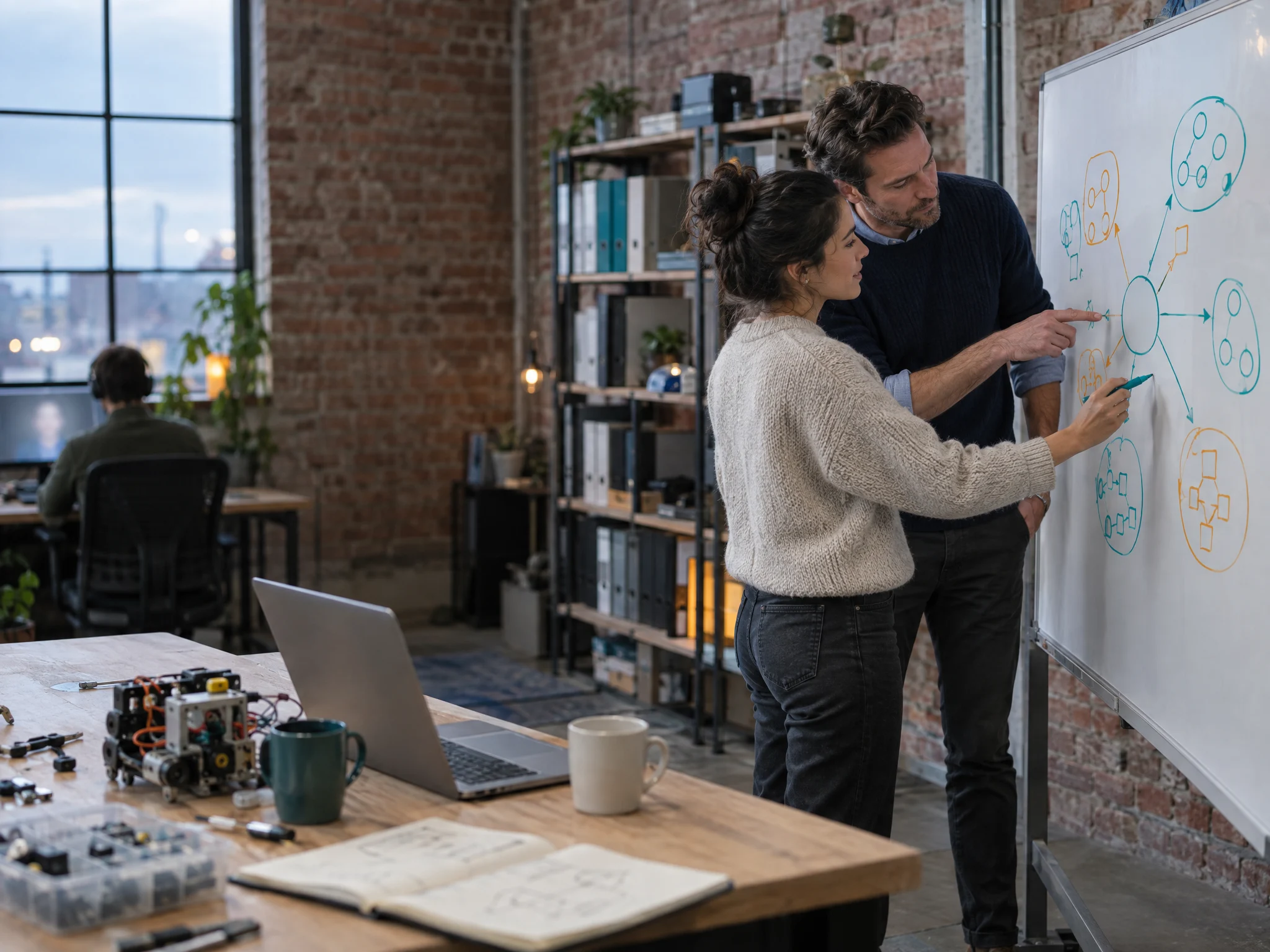 A founder and investor working through an abstract relationship map at a whiteboard in a startup workspace