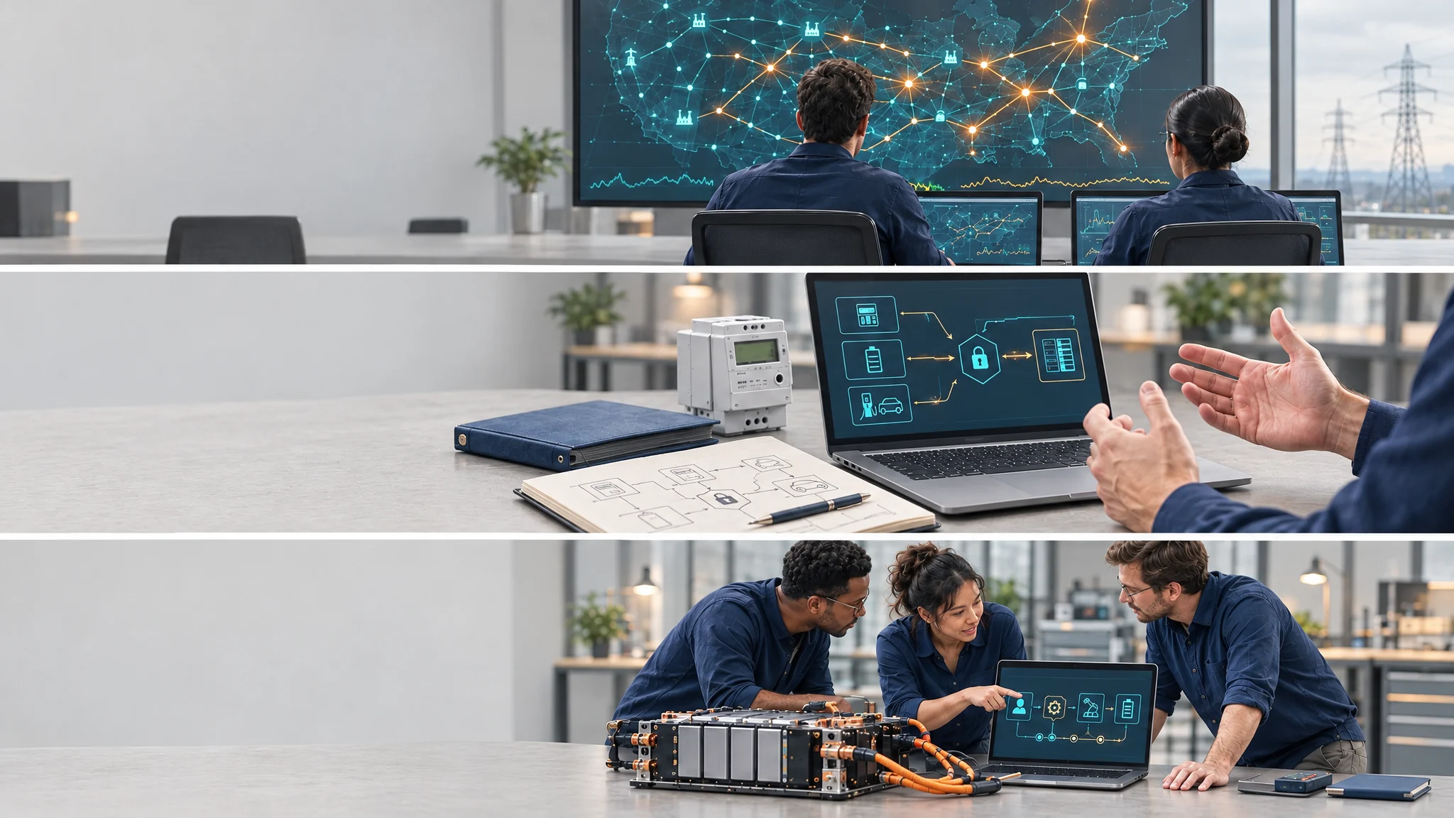Three softly daylit photographic strips showing electricity-grid orchestration, smart-meter data protection, and a team testing a battery power-electronics prototype