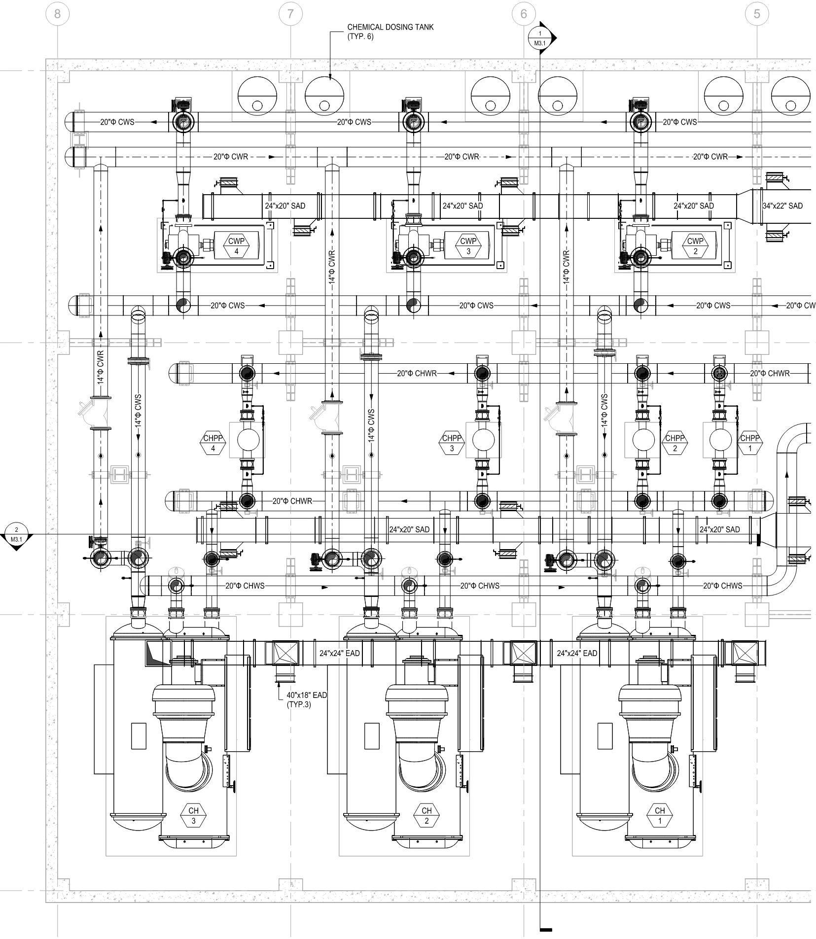 Full chiller plant room coordination plan with mechanical equipment and distribution systems