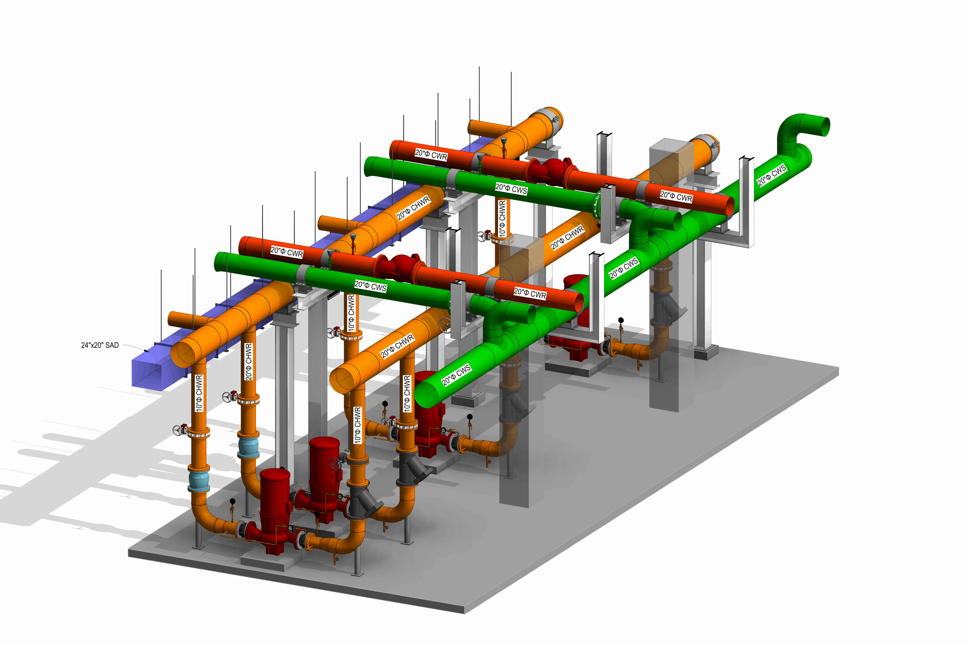 Detailed chiller plant BIM model showing coordinated chilled-water pipework and equipment