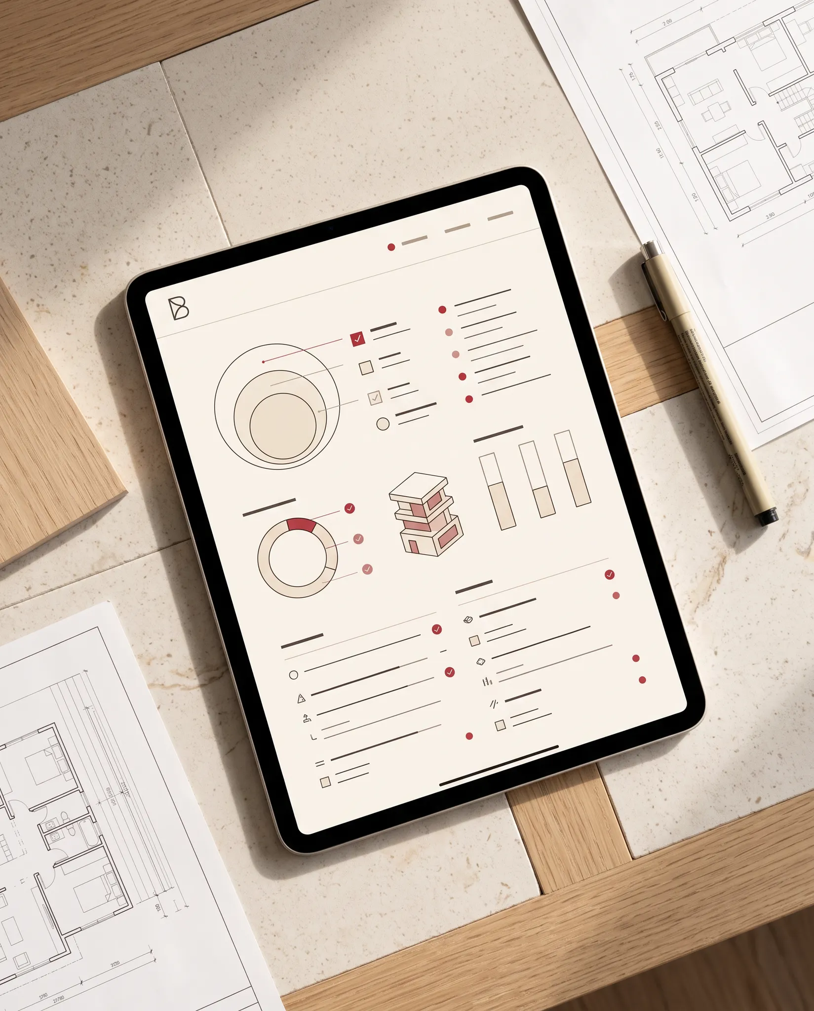 Tablet showing an abstract BIM model quality review dashboard