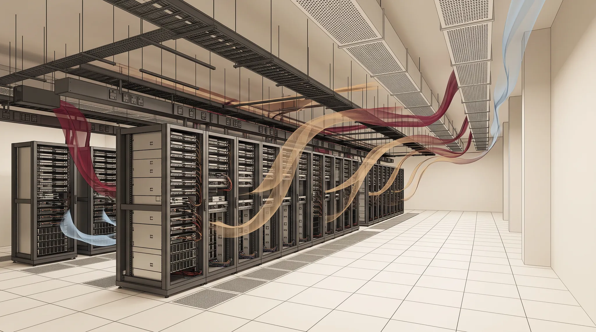 Data center aisle with a restrained CFD airflow visualization