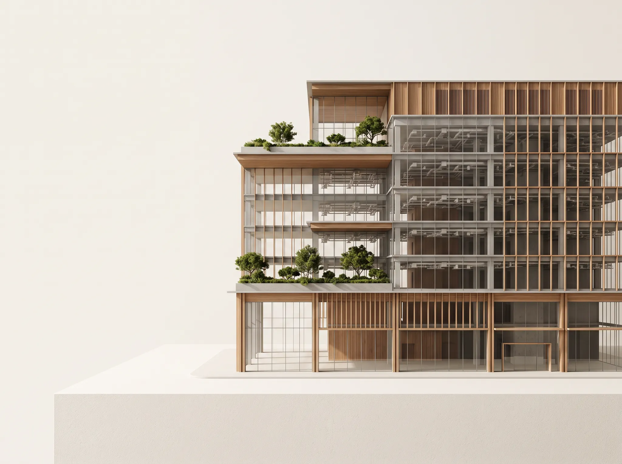 Warm architectural BIM model with structure and building systems visible