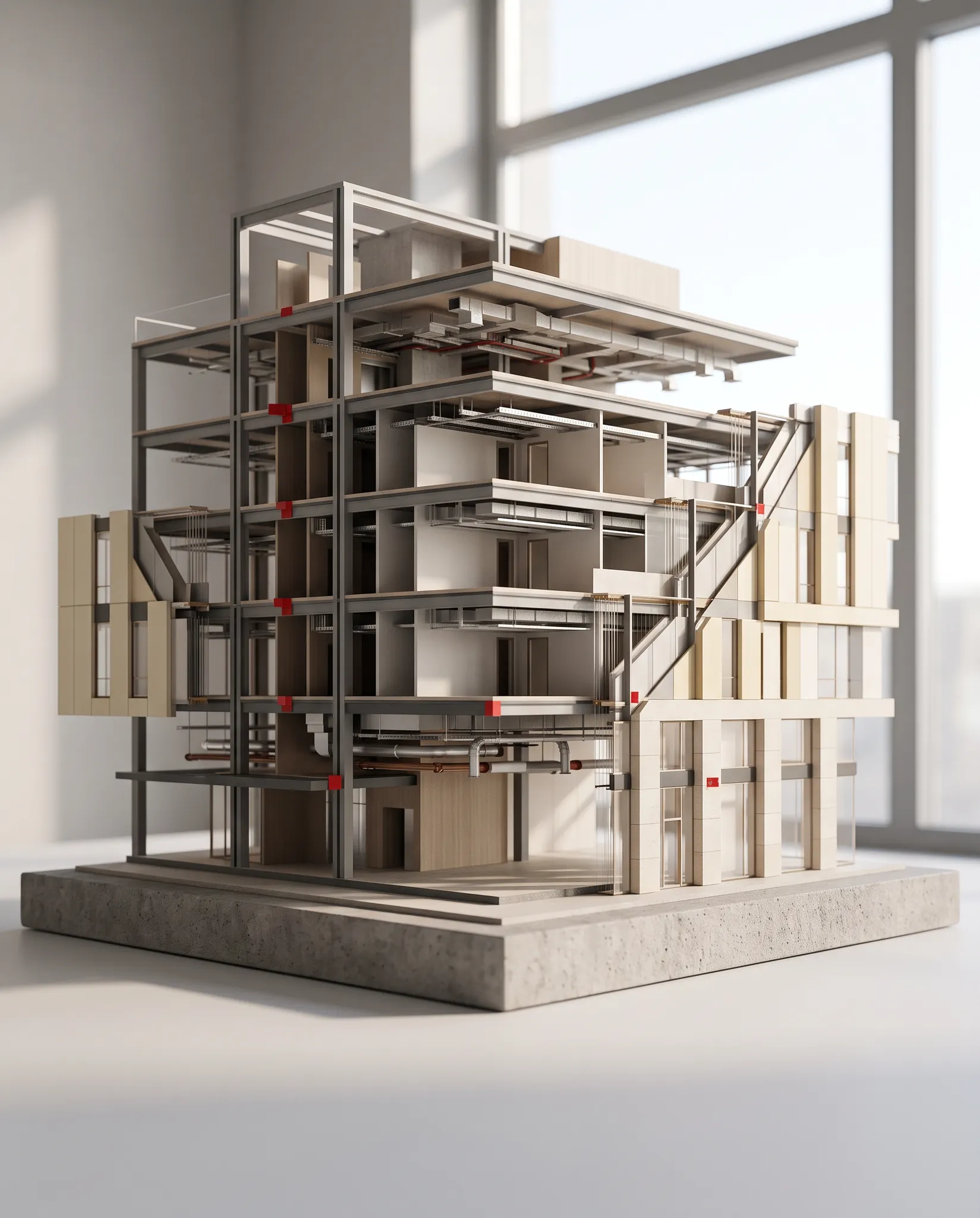 Detailed architectural model showing structure and building systems