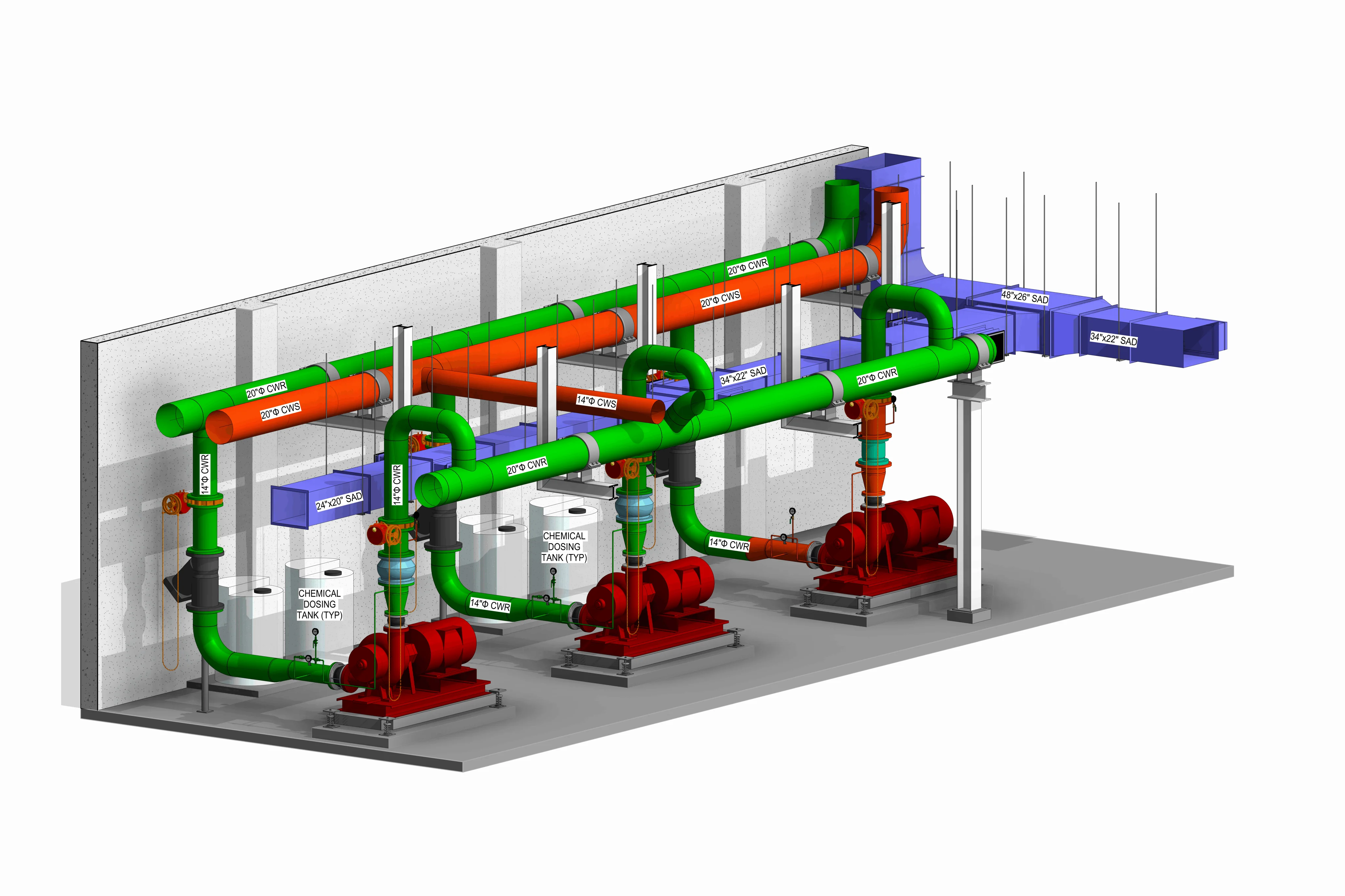 User-provided chiller plant BIM model showing pumps, chilled-water pipework, ductwork, supports, and system labels