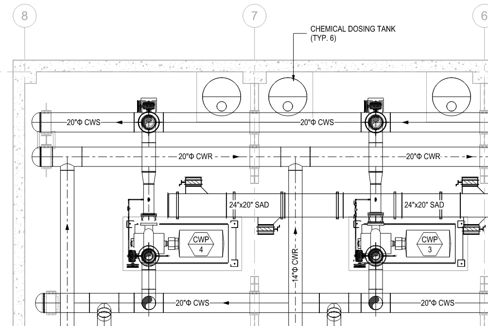 Mechanical BIM plan detail showing pumps, pipework, ductwork, and coordinated annotations