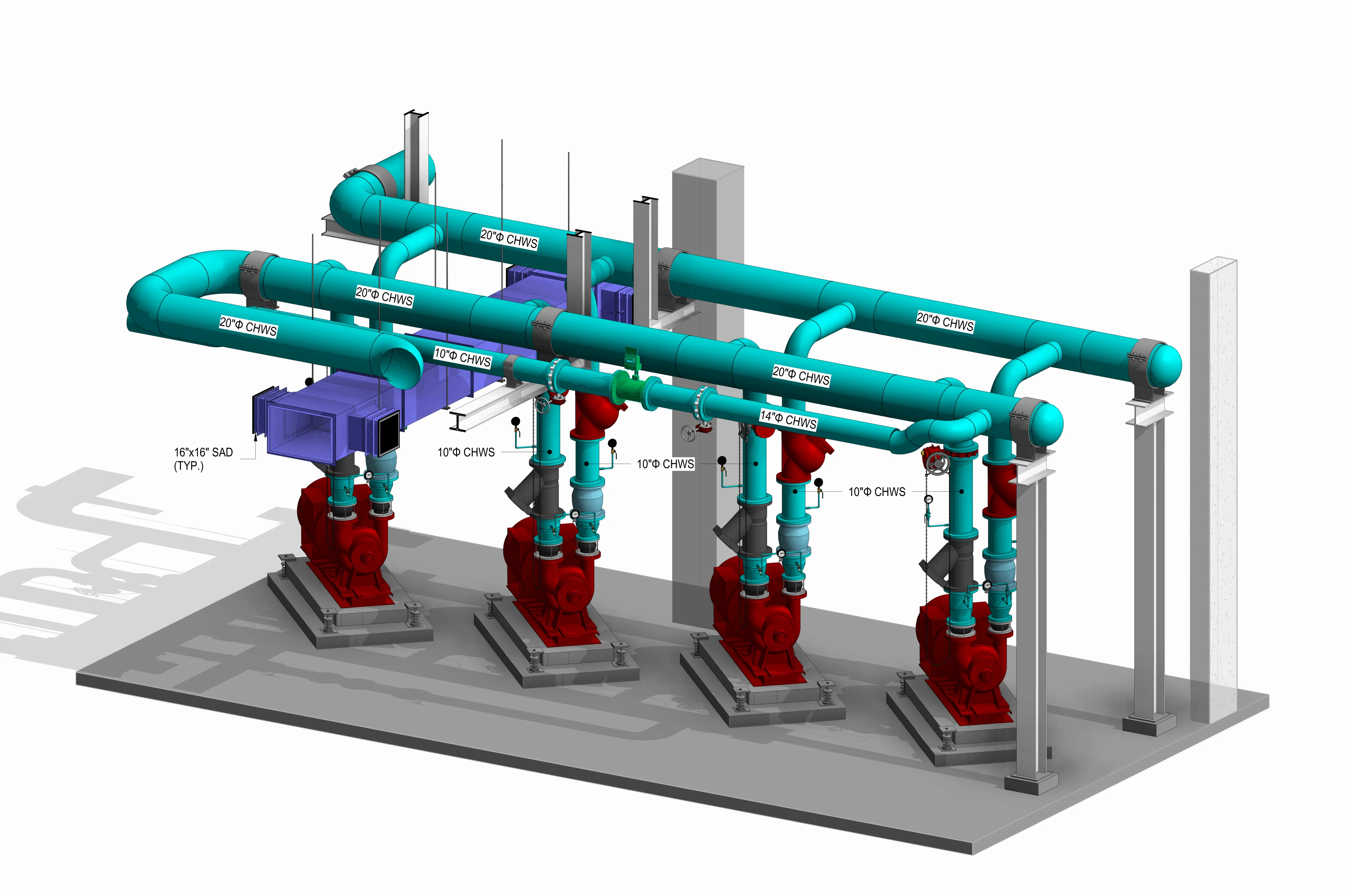 User-provided chiller plant BIM model with coordinated chilled-water pipework and pumps