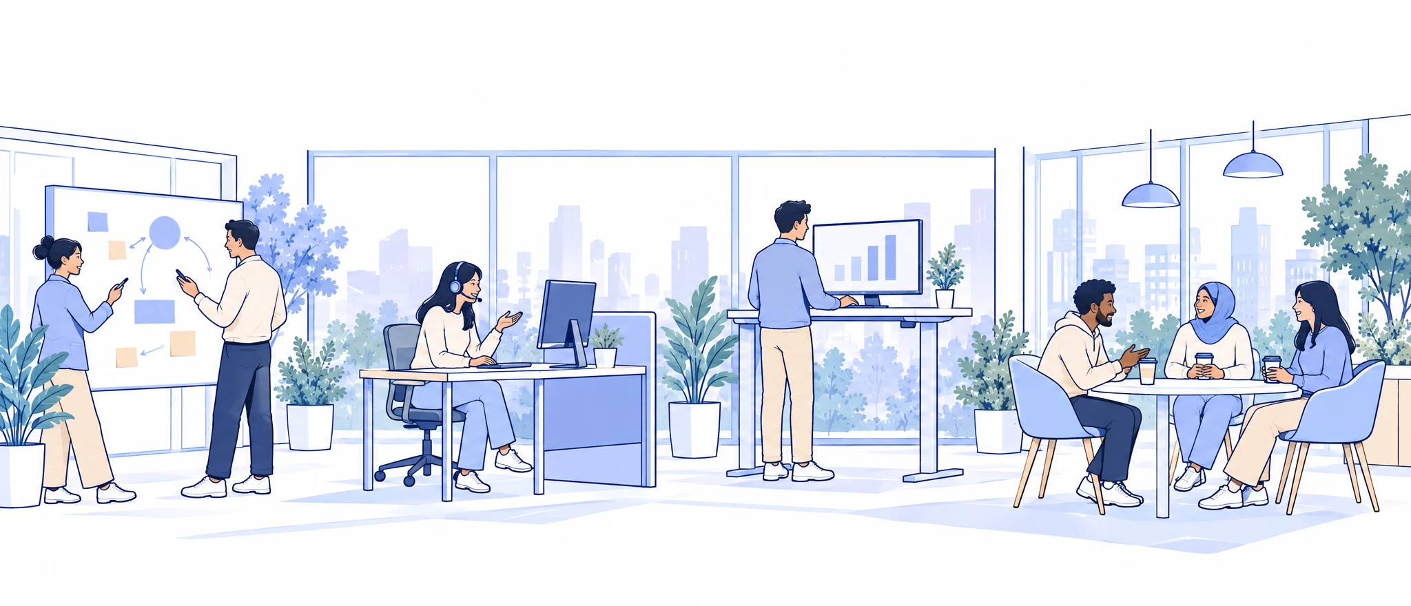 Illustrated office: colleagues planning at a whiteboard, a support agent on a headset call, a teammate at a standing desk and three people talking over coffee