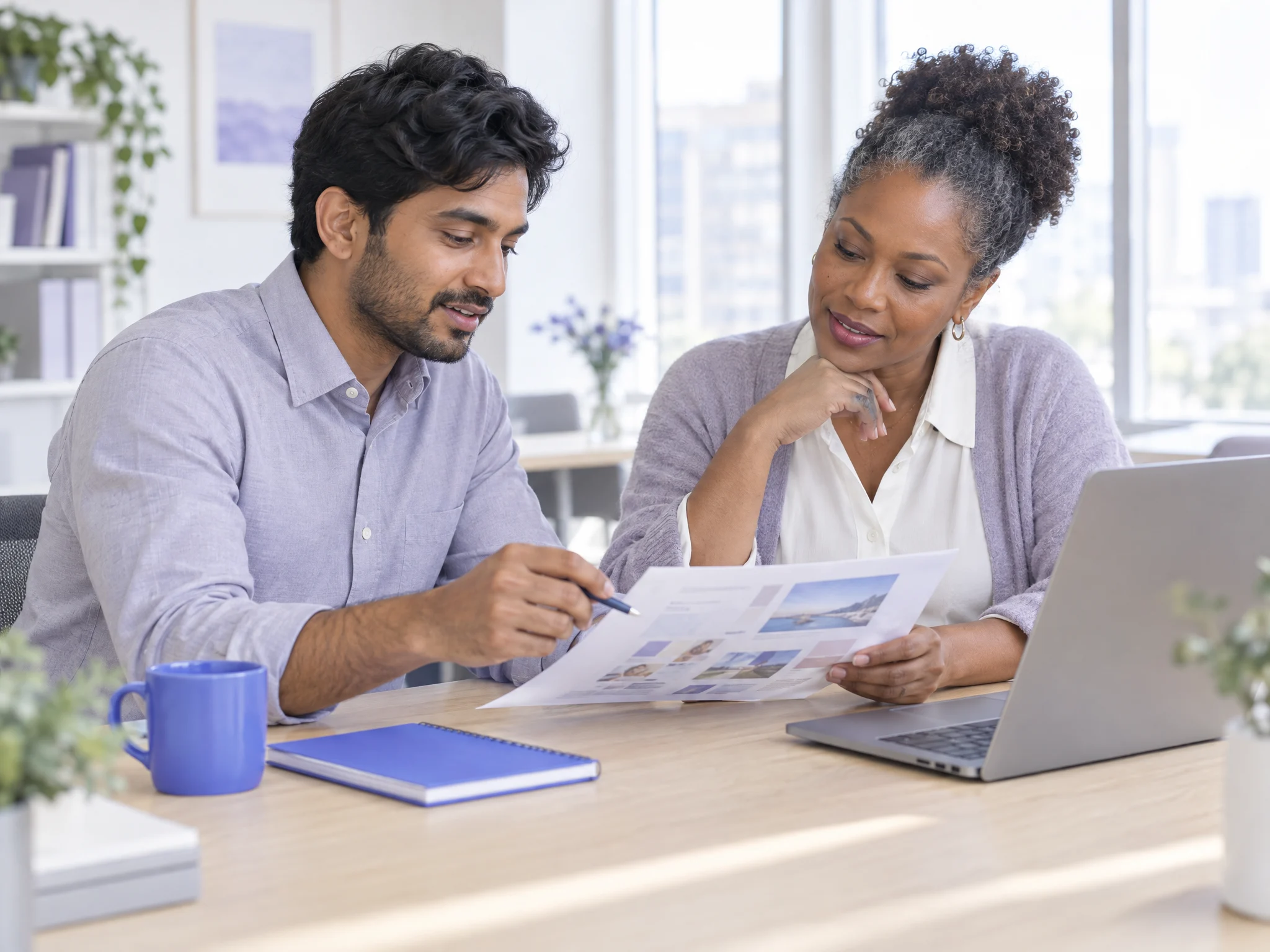 Two colleagues review a customer messaging campaign at a desk