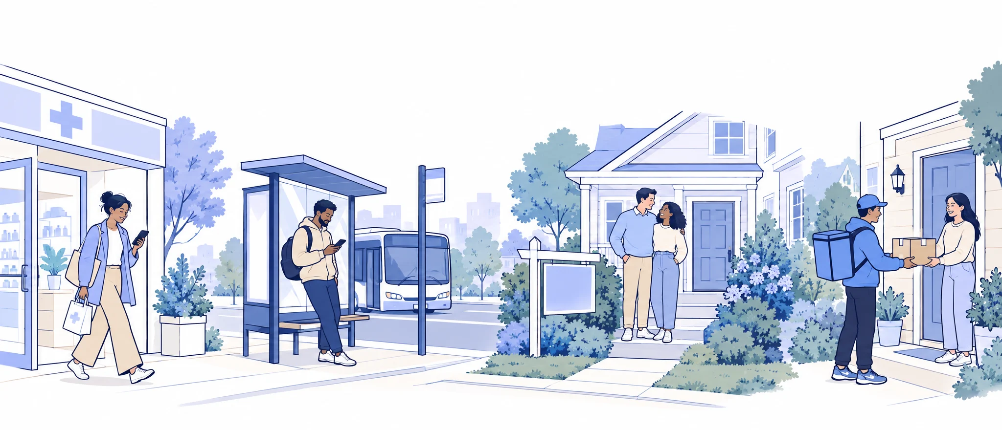 Illustrated street: a woman leaving a pharmacy, a man at a bus stop, a couple outside a house and a woman receiving a parcel, each checking a message