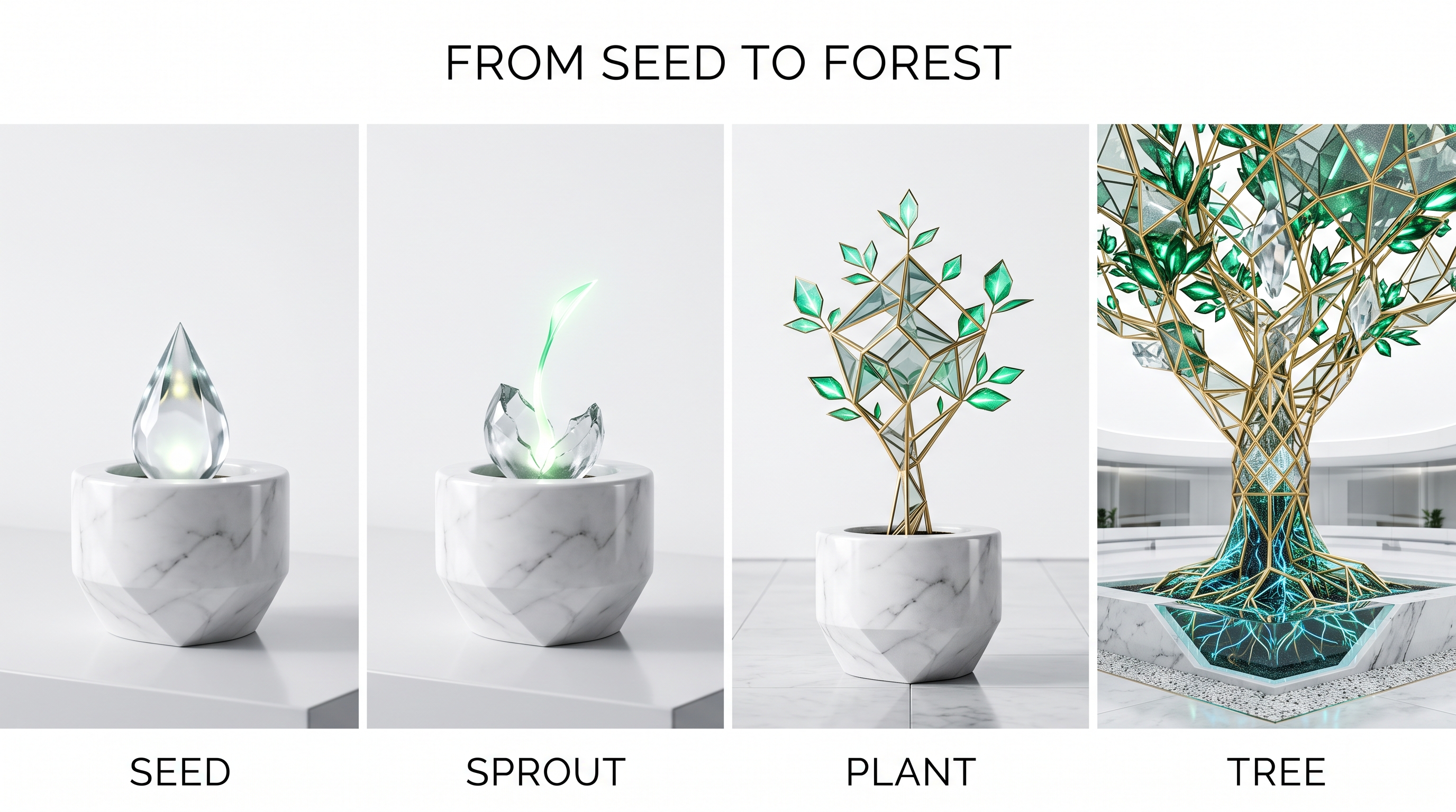 From seed to forest: a crystal seed becomes a sprout, a geometric plant, and a luminous technological tree.