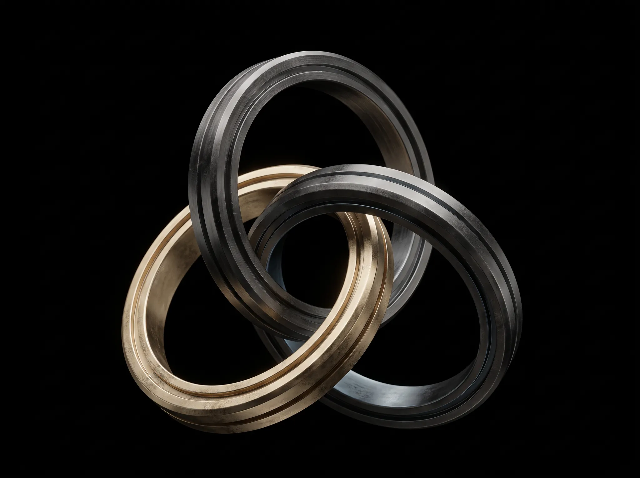 Three interlocking metallic rings representing value, performance, and control