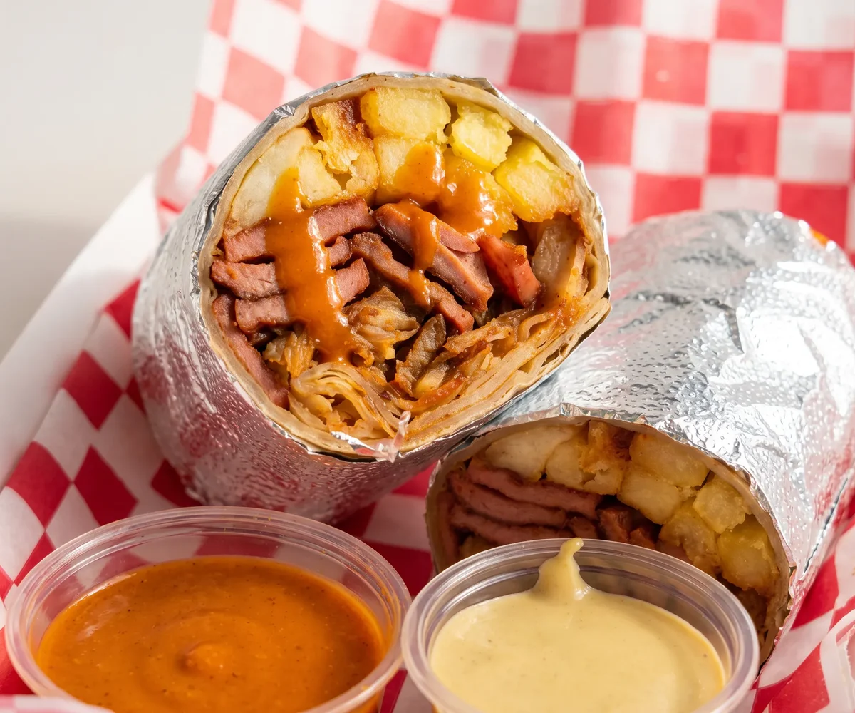 Burrito Alemán con salchicha alemana, lomo de cerdo, papas y sauerkraut, con salsa currywurst y dos salsas para acompañar