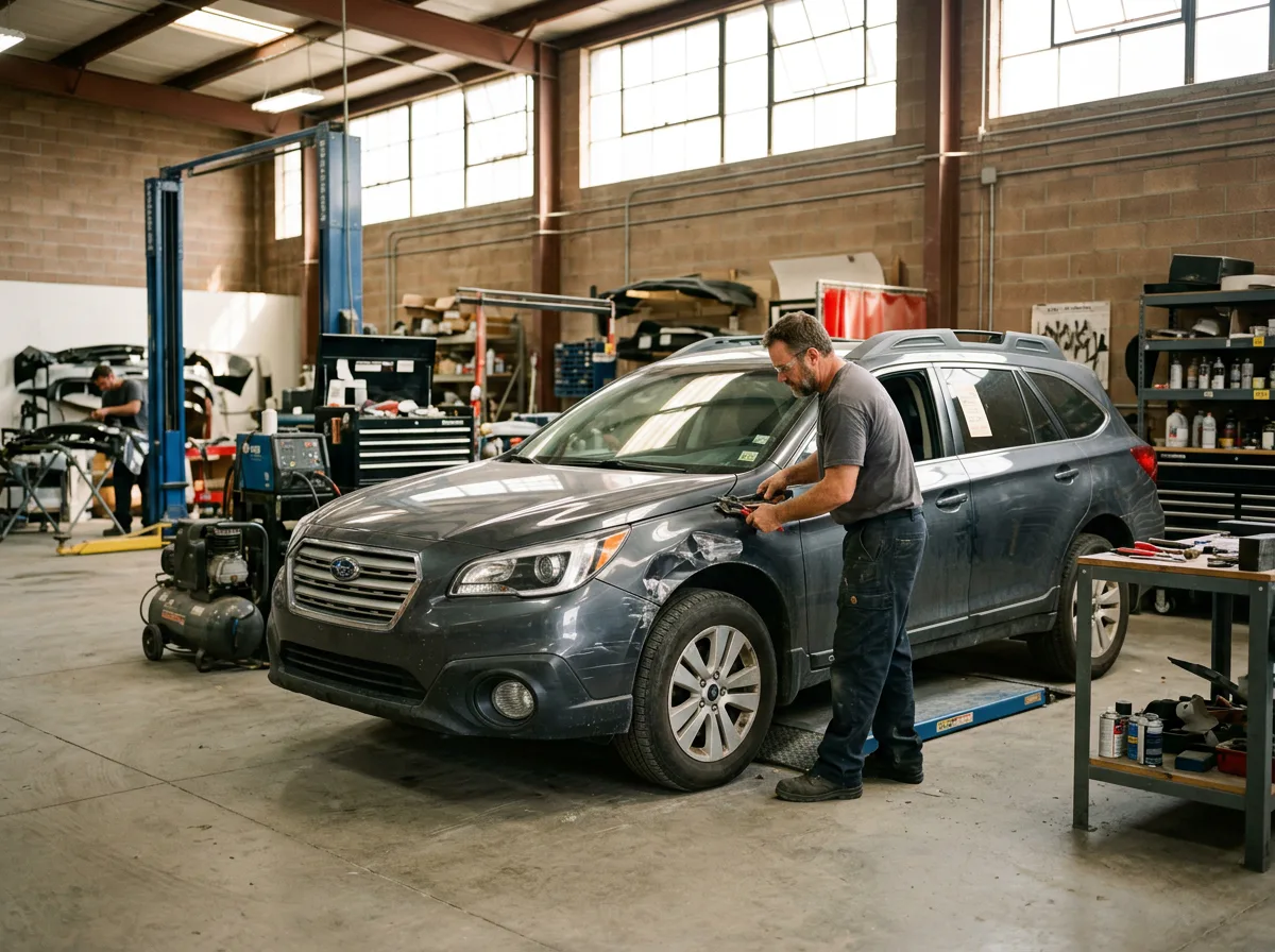 Technician repairing a dented fender inside Gino's Collision Center repair bay