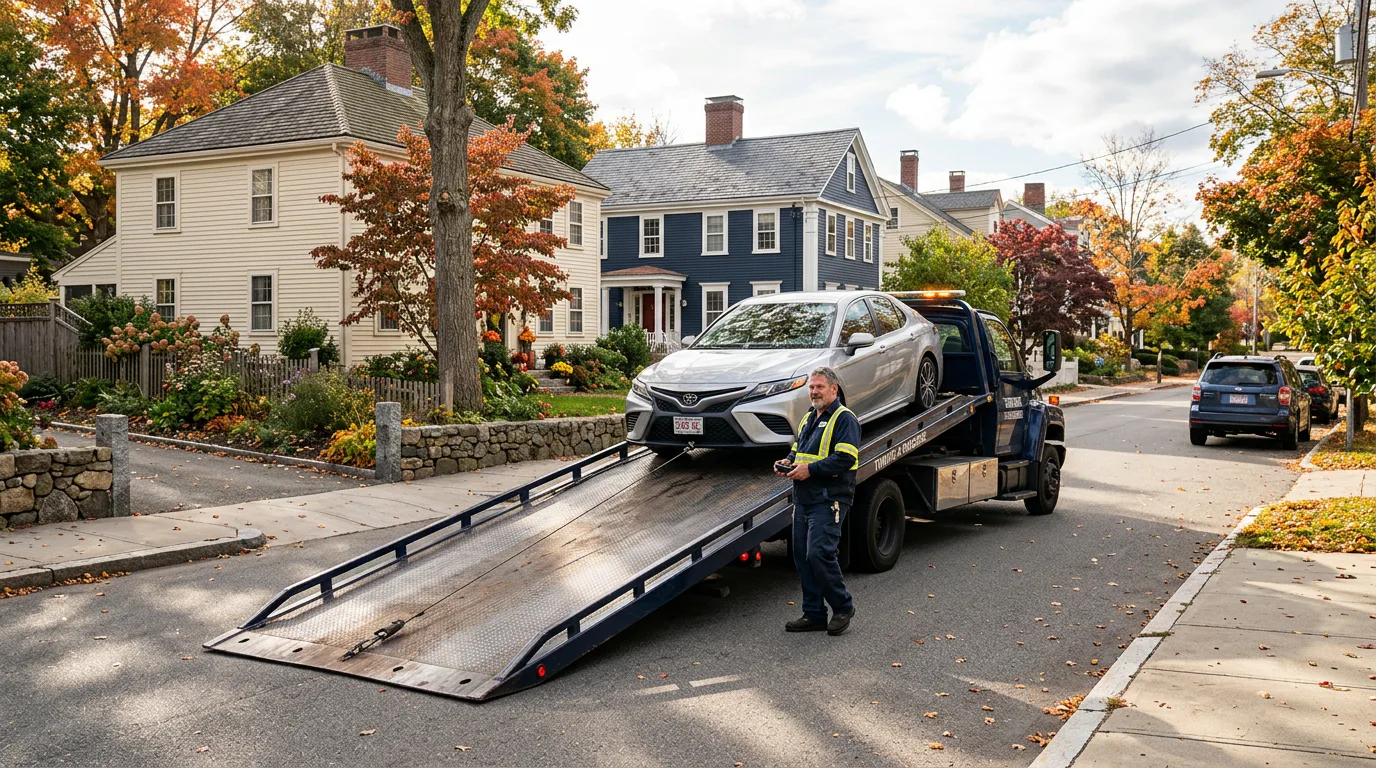 Flatbed tow truck loading a vehicle on a New England residential street