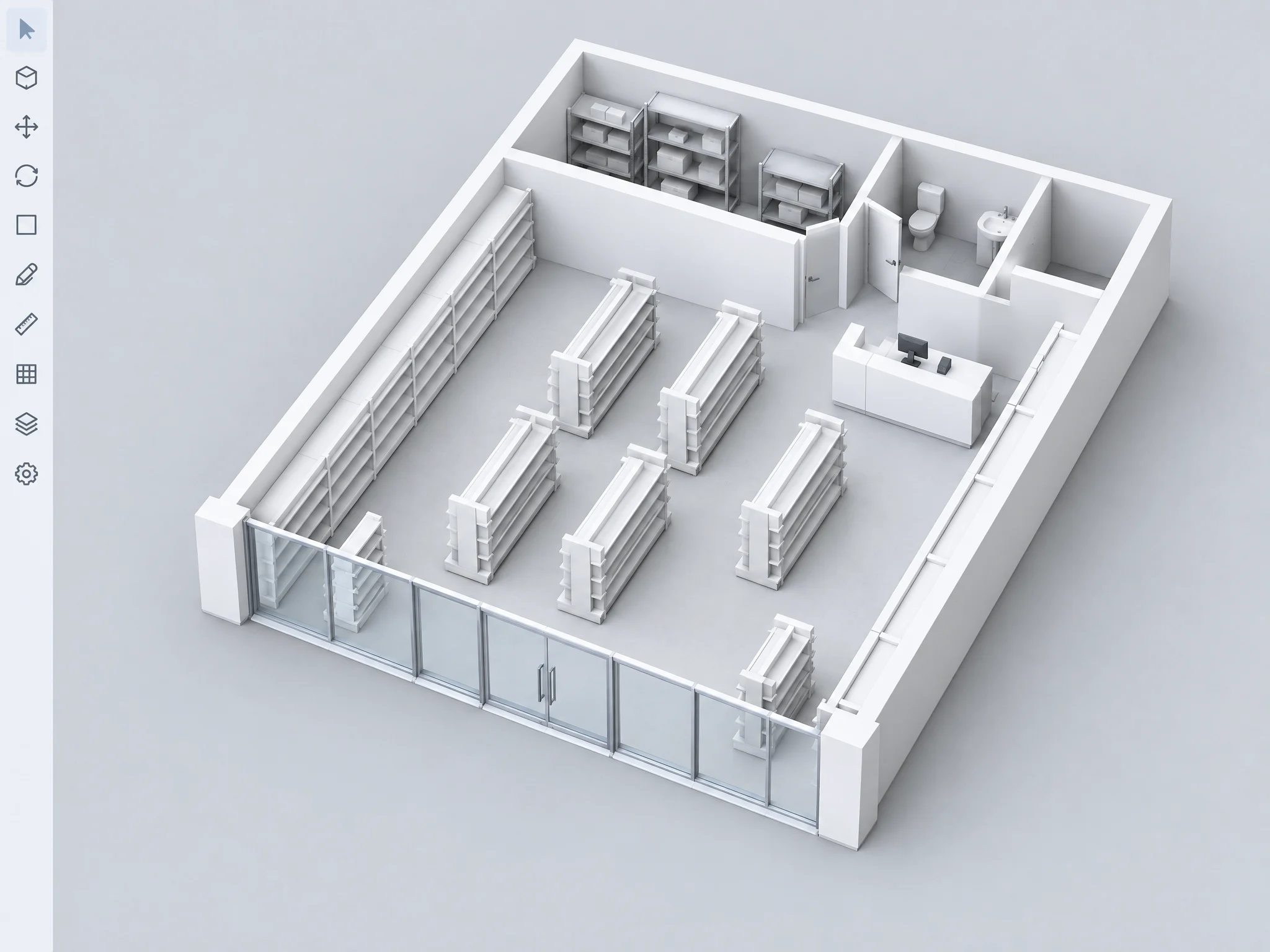 Modelo 3D base de un local comercial generado a partir de un plano DXF