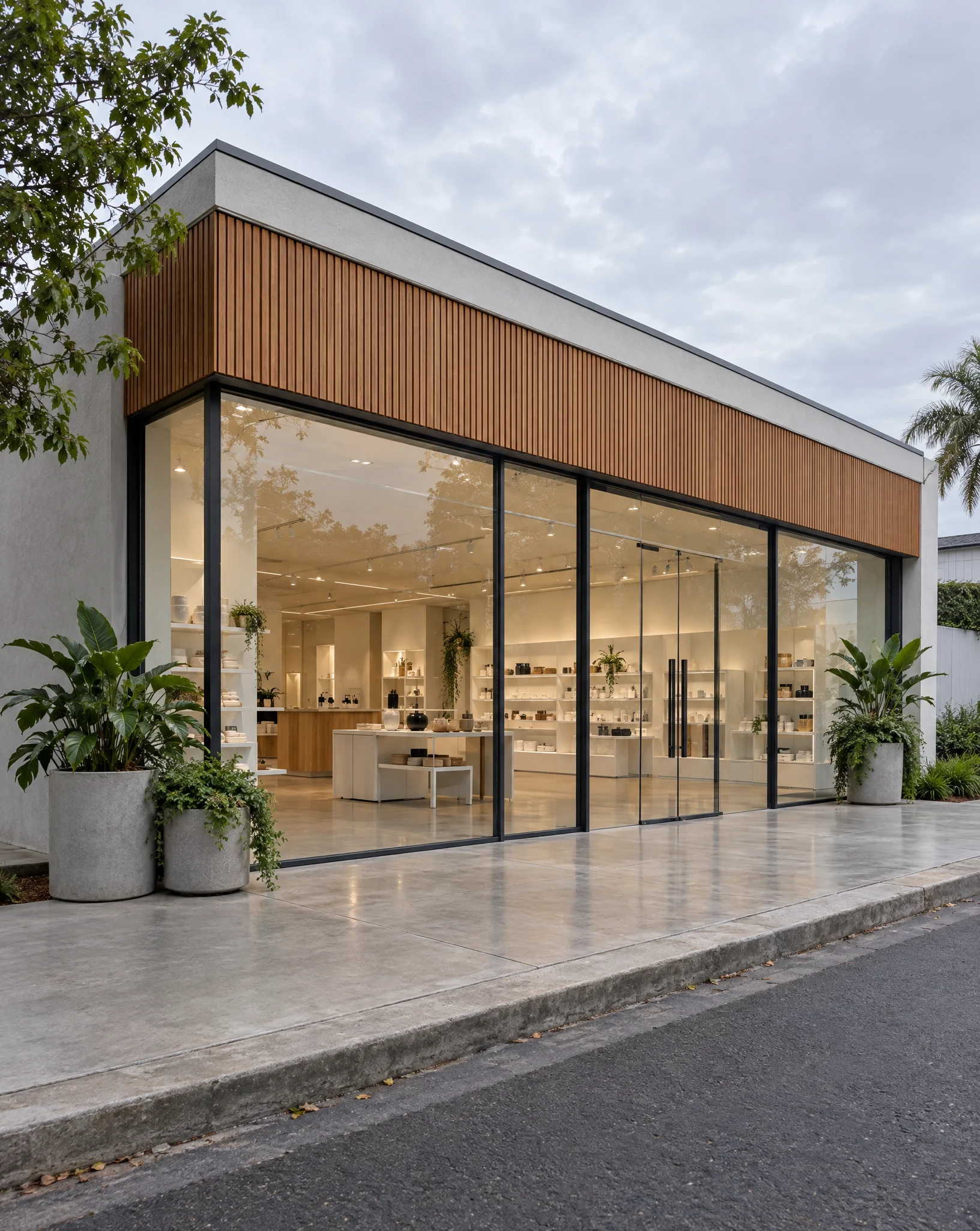 Local comercial contemporáneo con fachada de vidrio