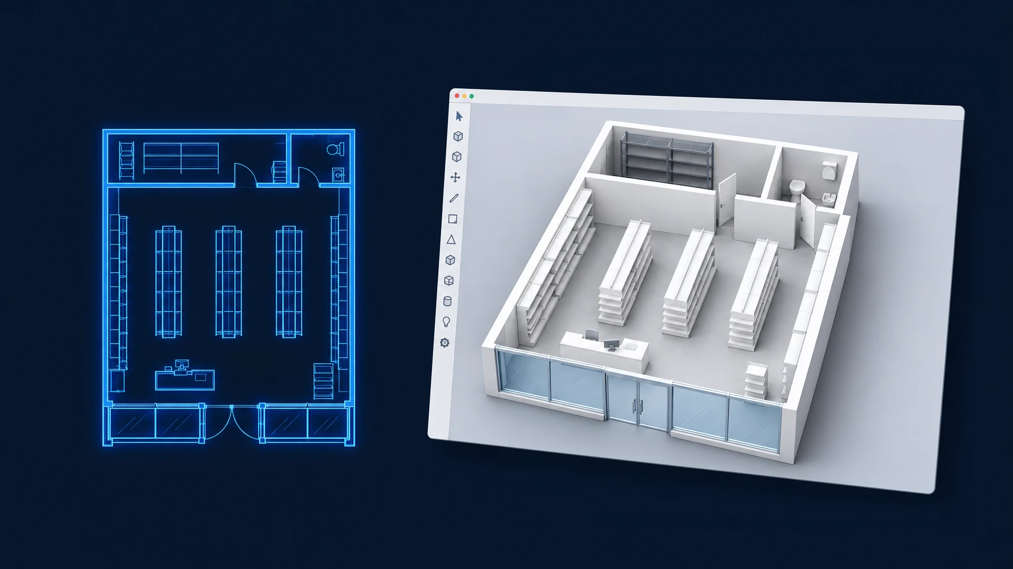 Plano 2D en formato DXF de un local comercial junto al modelo 3D generado a partir de él, abierto en un programa de modelado