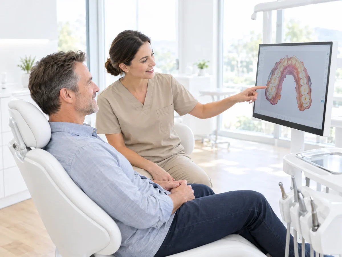 Zahnärztin erklärt einem Patienten den digitalen Behandlungsplan