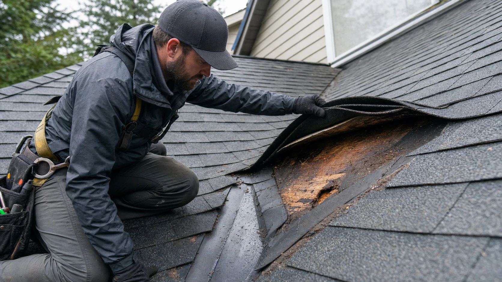 Roofer peeling back torn asphalt shingles to expose damaged decking