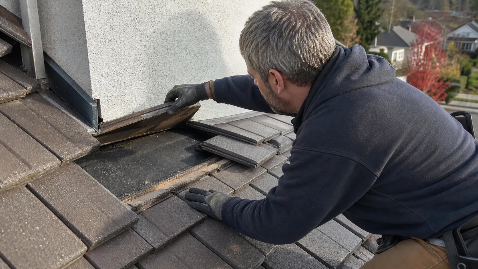Roofer lifting worn shingles beside a wall to check underneath