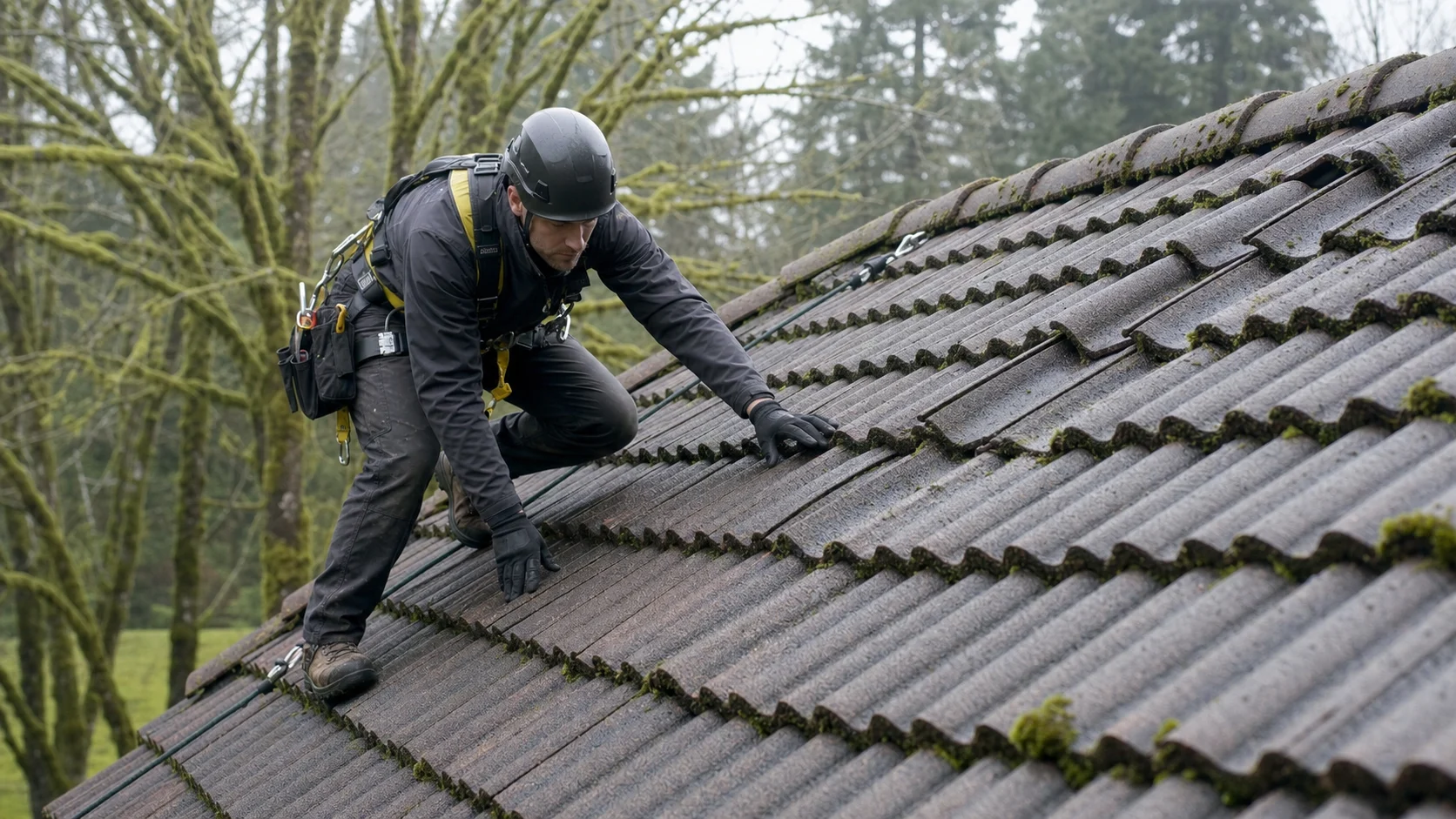 Roofer in a safety harness walking across a concrete tile roof