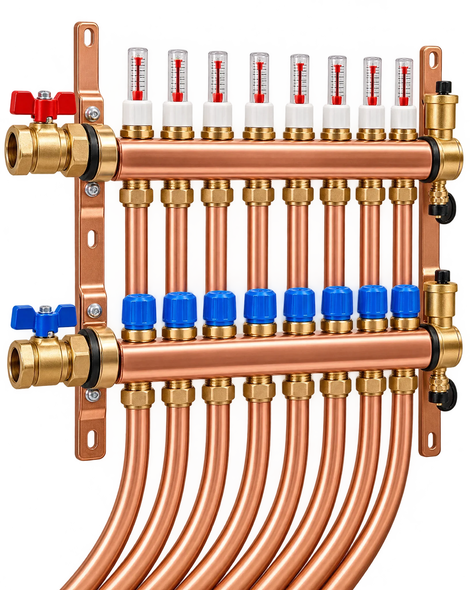 Kupferrohr-Verteiler mit Messing-Kugelhähnen