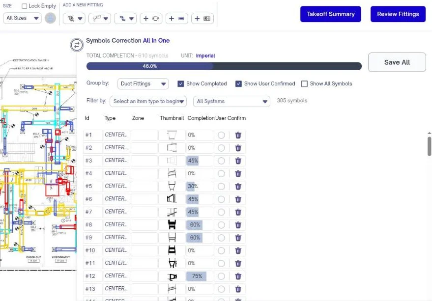 Duct drawing toolbar and Symbols Correction review panel