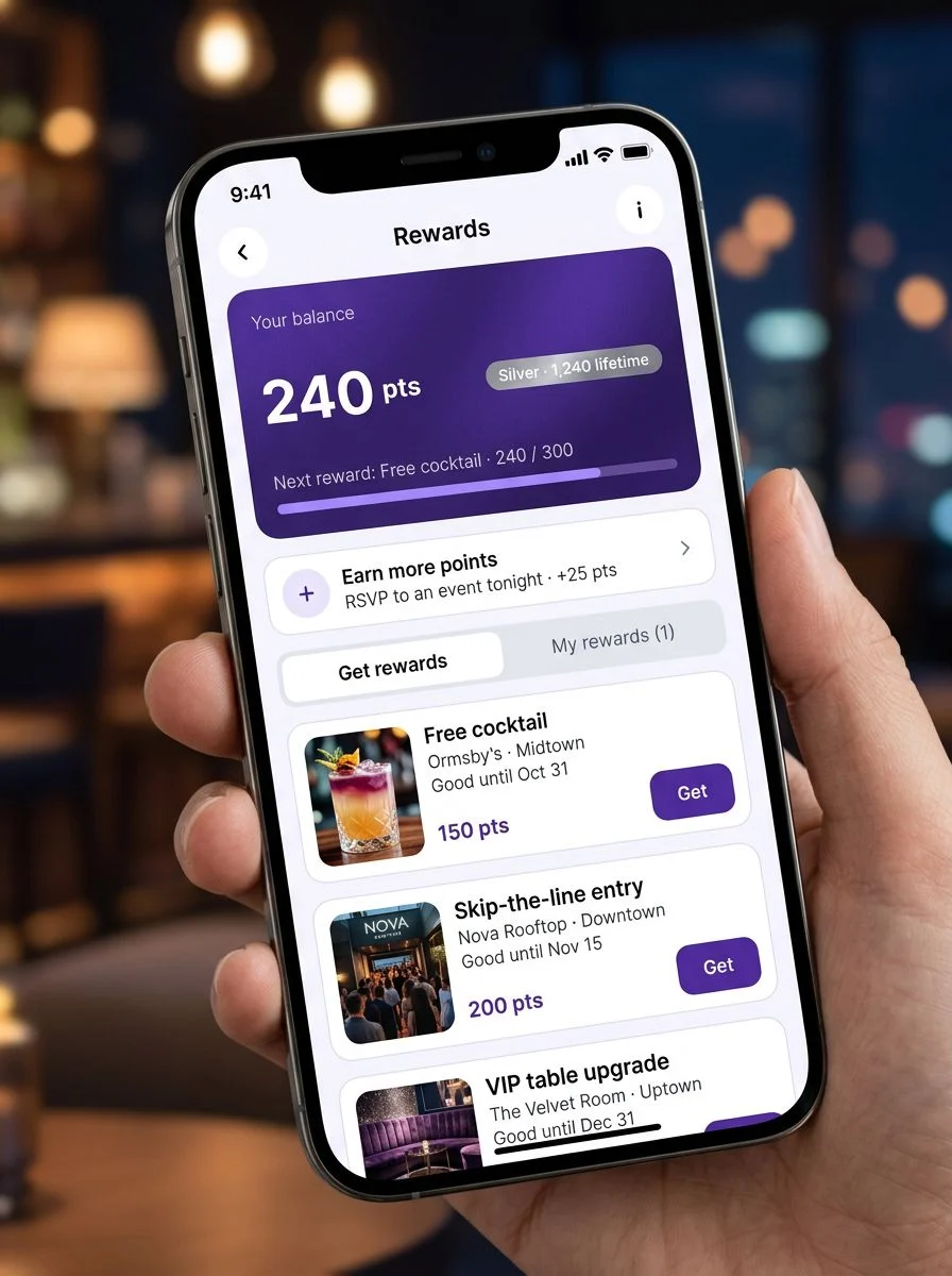 Illustrative Rewards screen on a phone showing a points balance and example perks