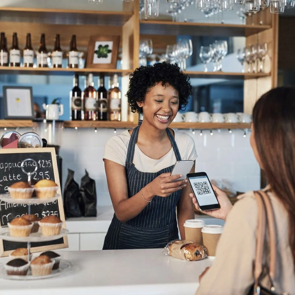 Café worker smiling as a customer shows a QR code on a phone