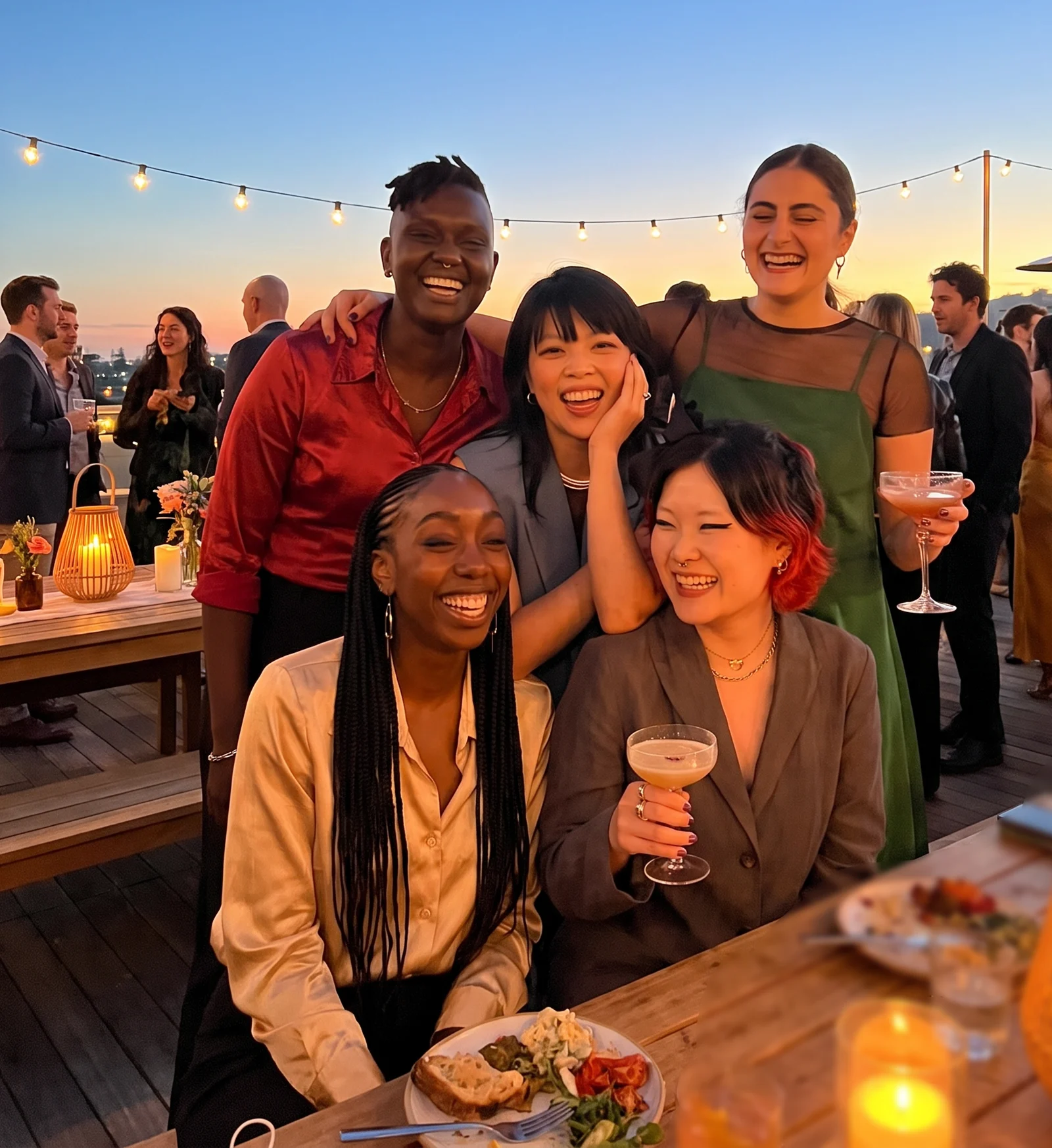 Five friends laughing together with cocktails at a rooftop party at sunset