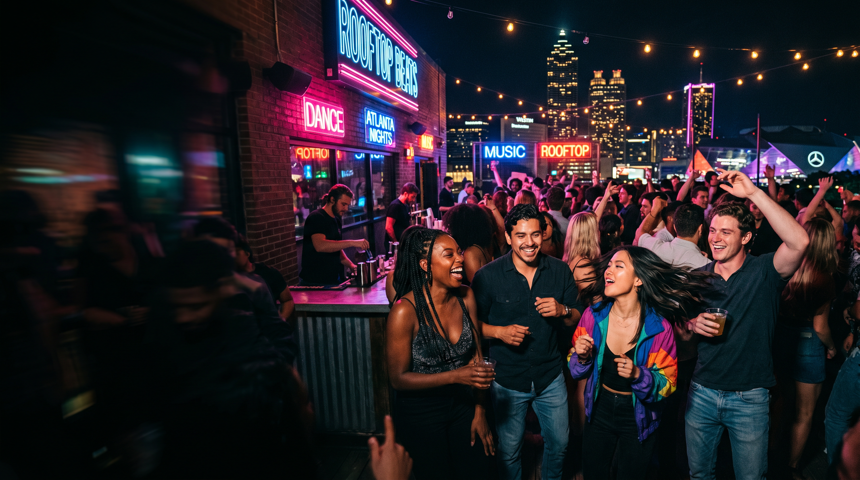 Friends meeting and dancing at an Atlanta rooftop party at night