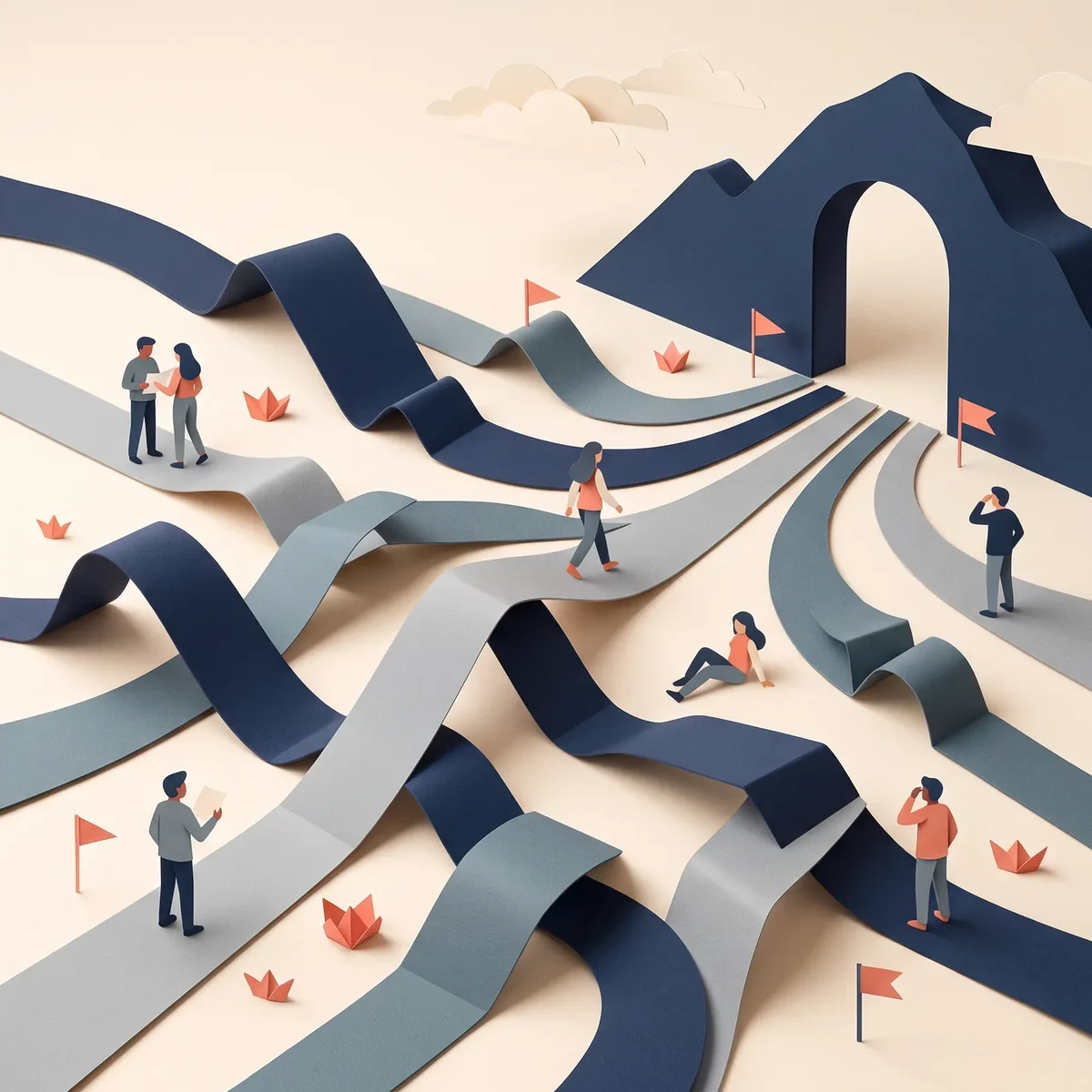 Paper-cut paths representing different ways to cover a team, converging toward a choice