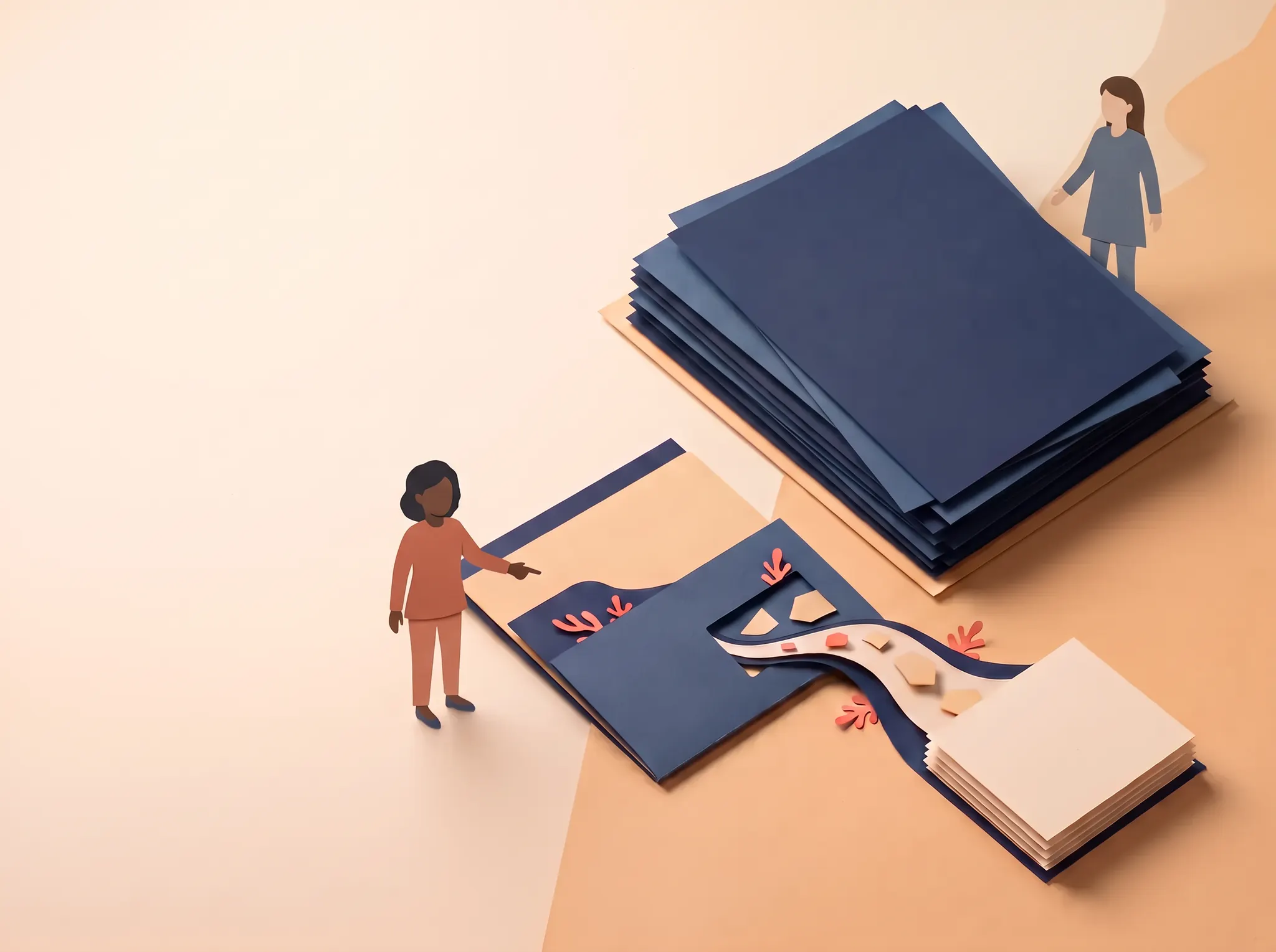 Two women reviewing separate paper-cut ledgers for health-plan costs and broker compensation
