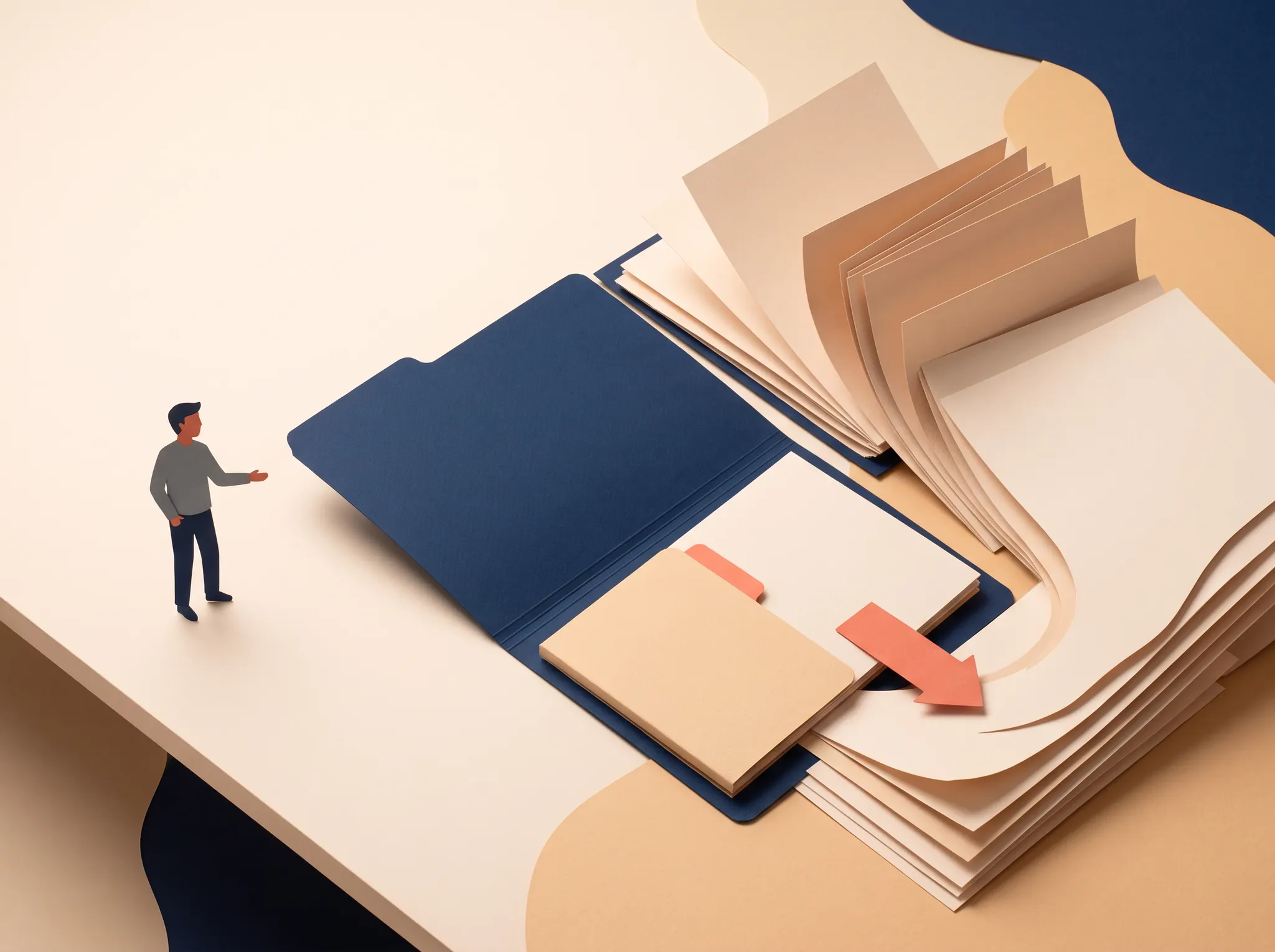 Paper-cut person beside an open navy portfolio and blank company documents prepared for a quote