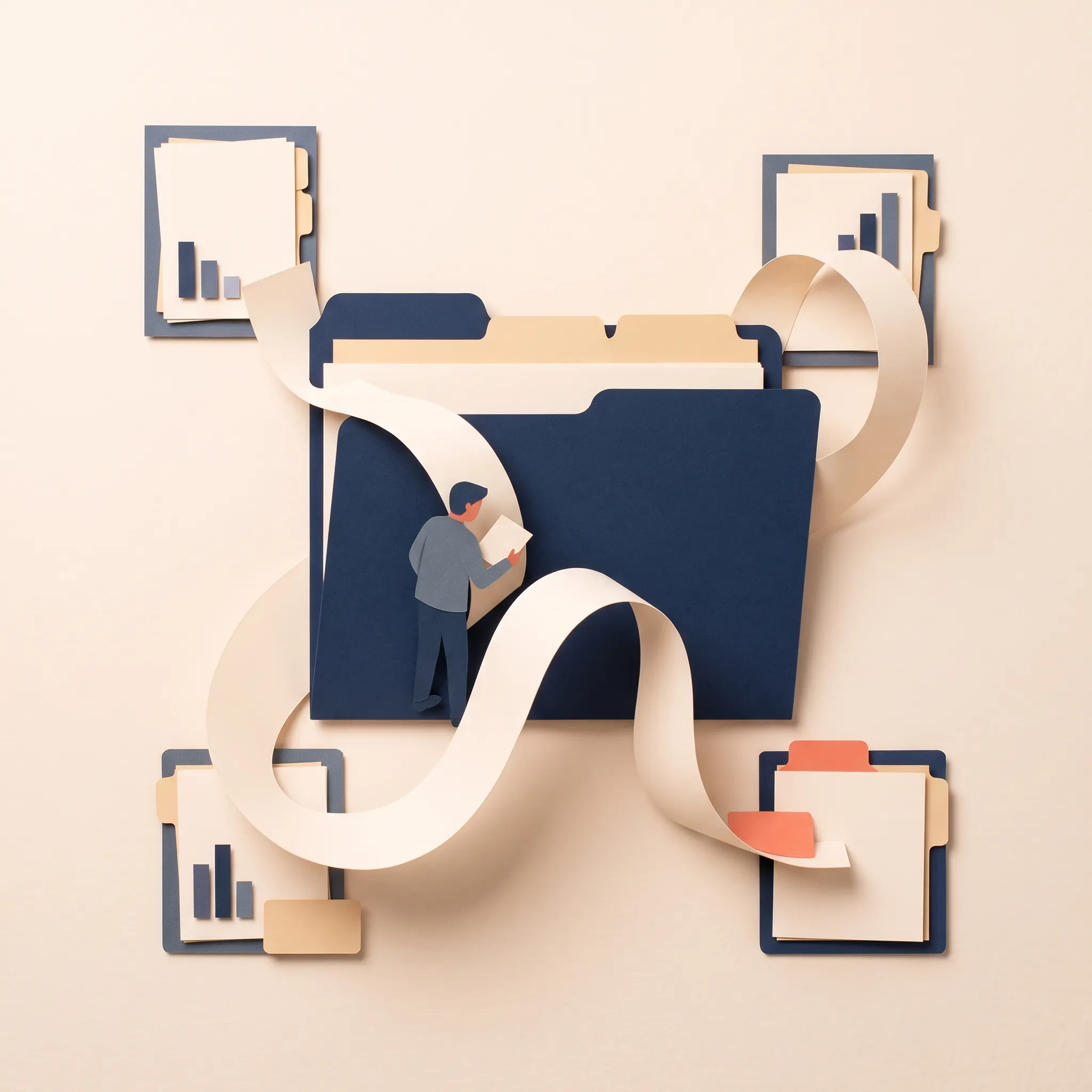 Paper-cut sequence of recurring plan reviews connected by a winding paper strip