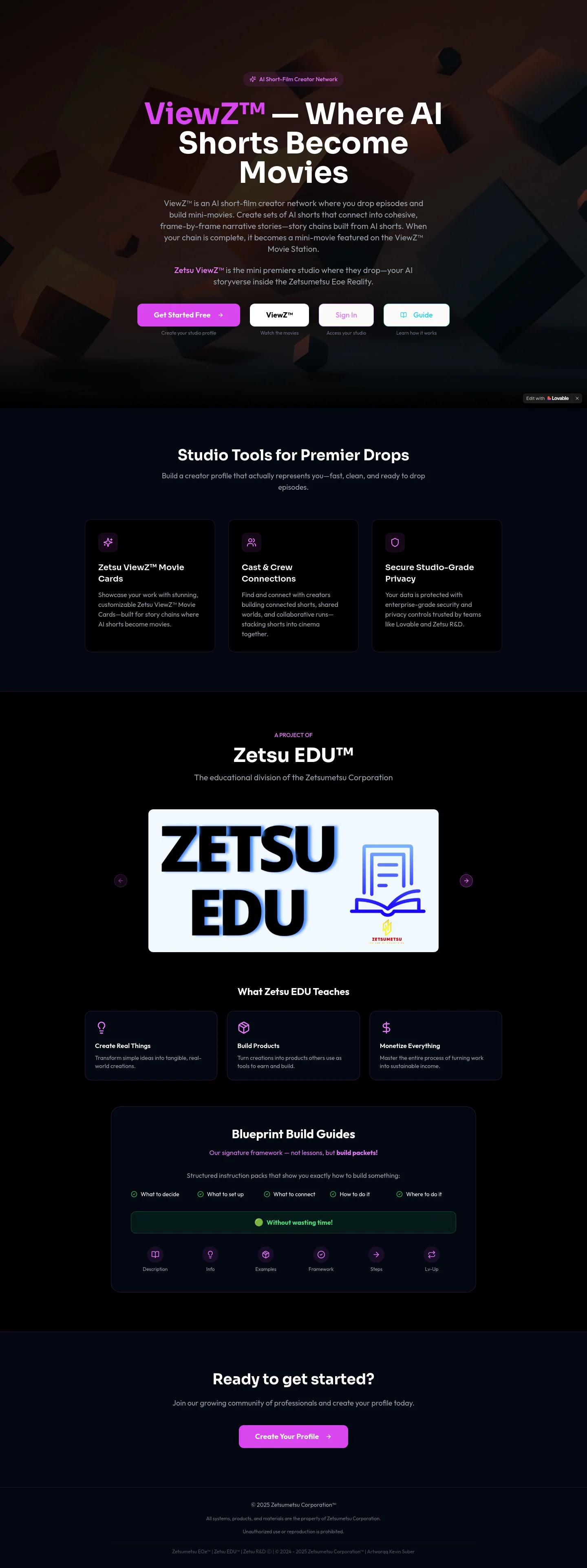 ViewZ AI short-film creator network product page