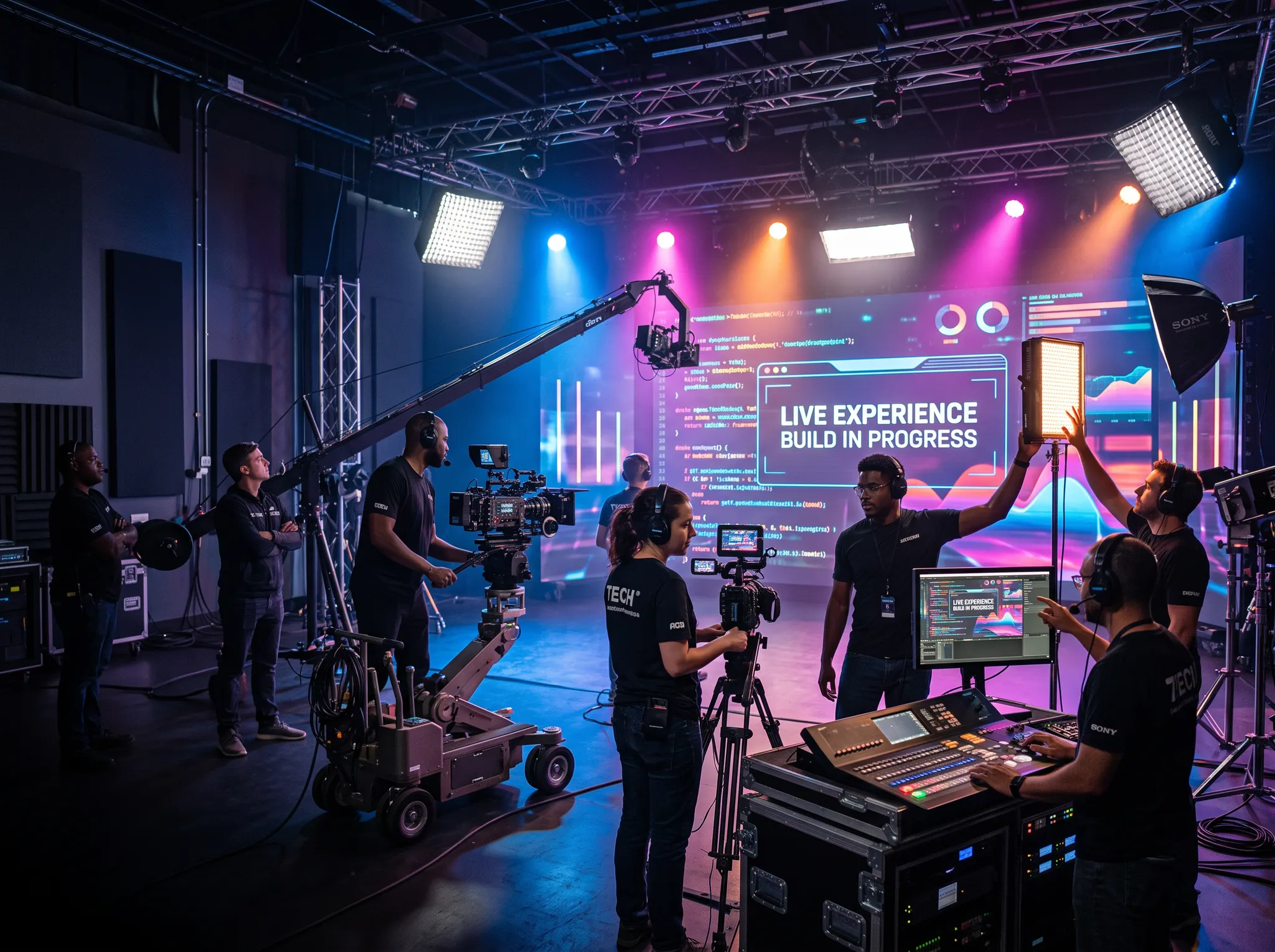 Creative technology crew building a live production experience
