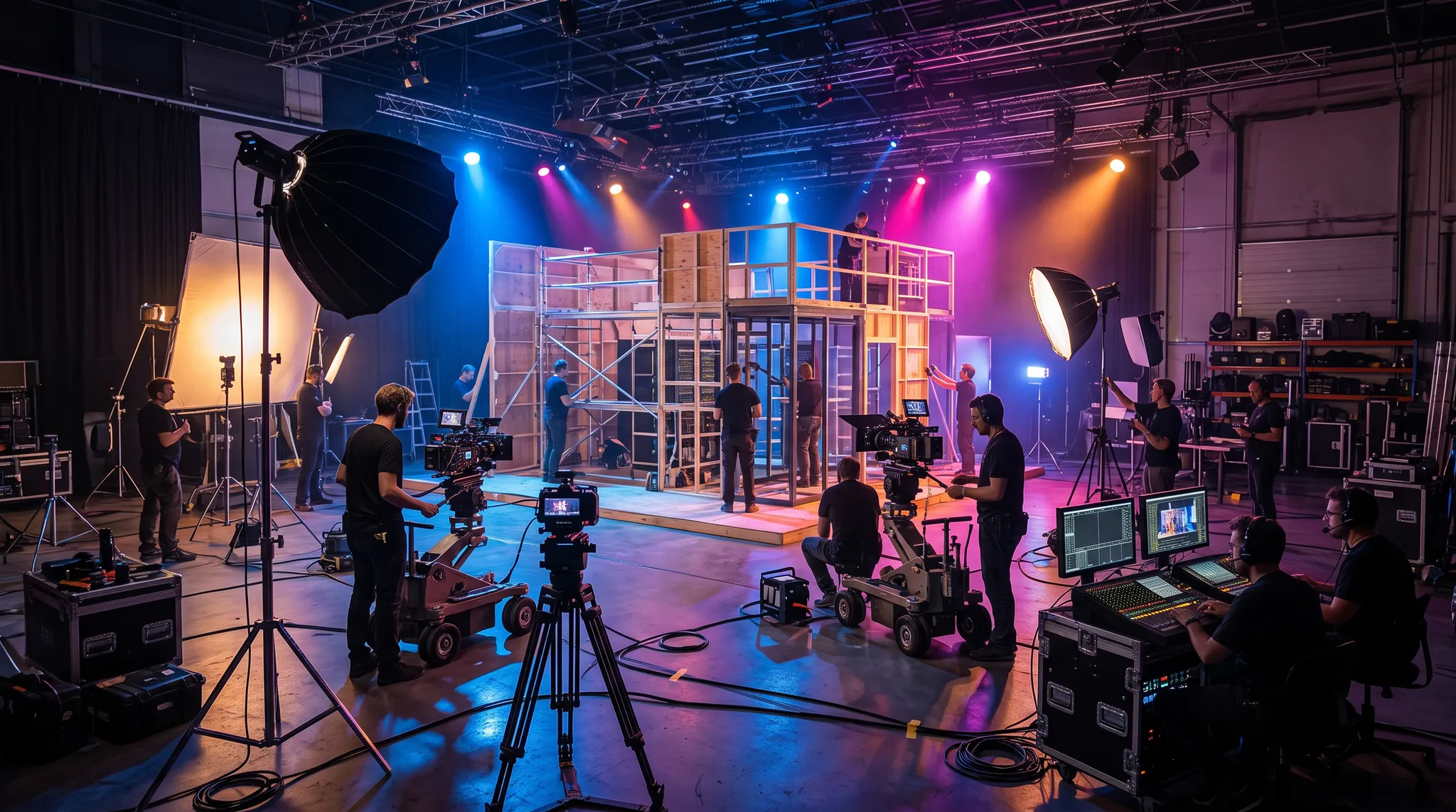 Production crew collaborating in a vivid studio