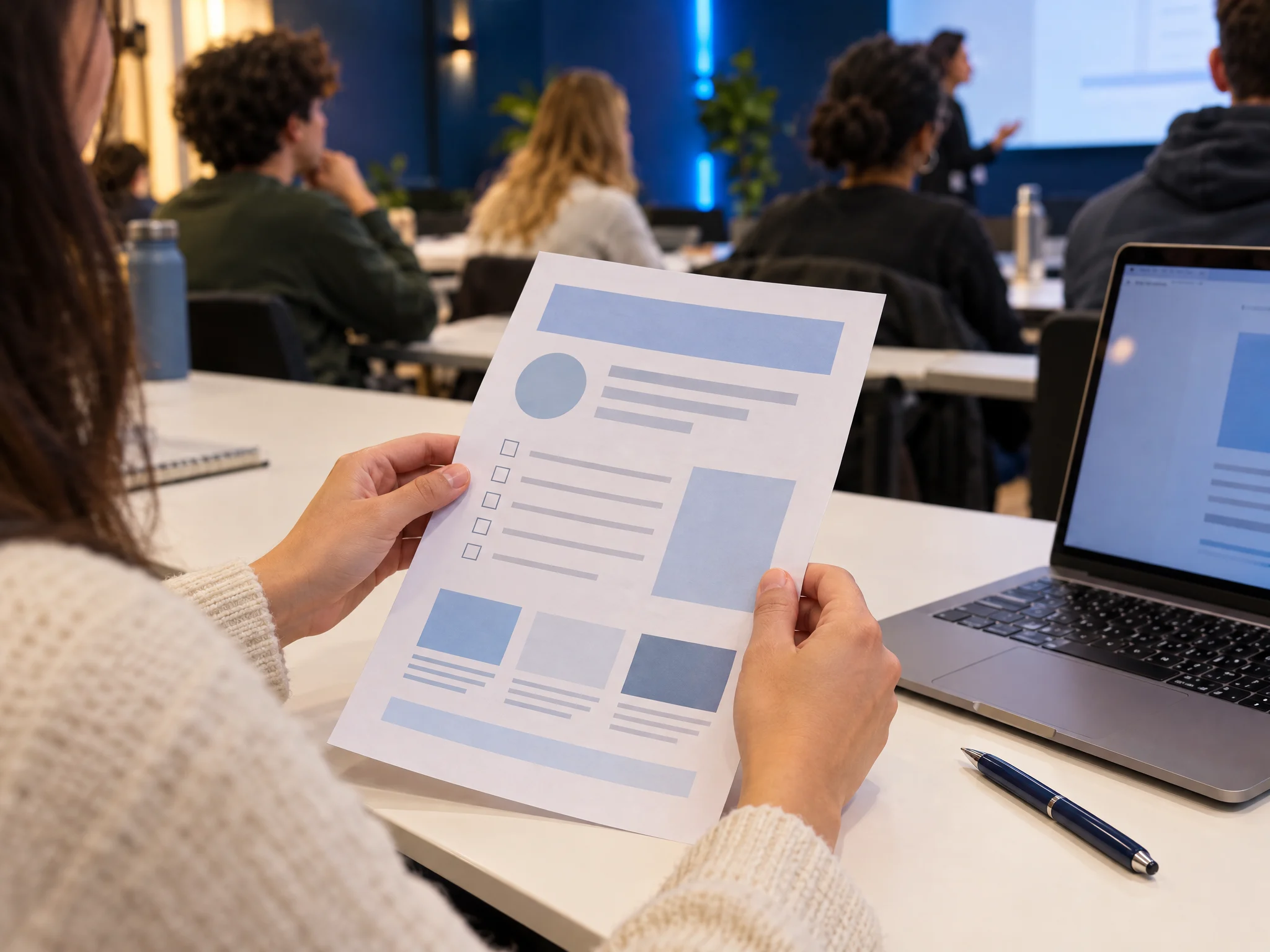 A learner reading a workshop cheat sheet at a class table beside a laptop