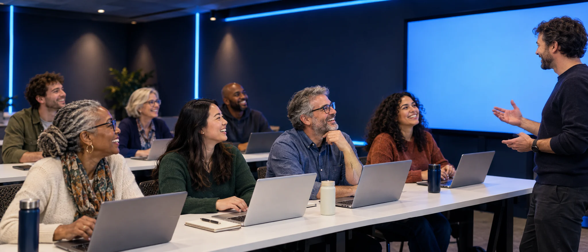 Adults learning AI tools on laptops in an Intel Academy class while the instructor talks with them