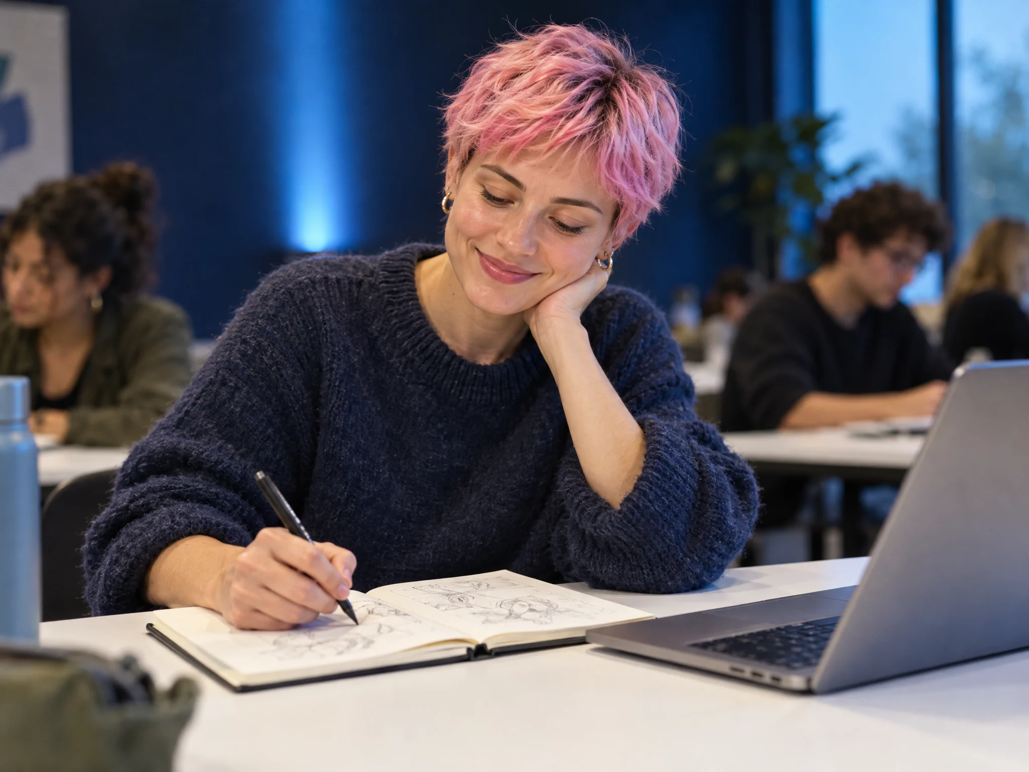A creative sketching in a notebook beside a laptop in class