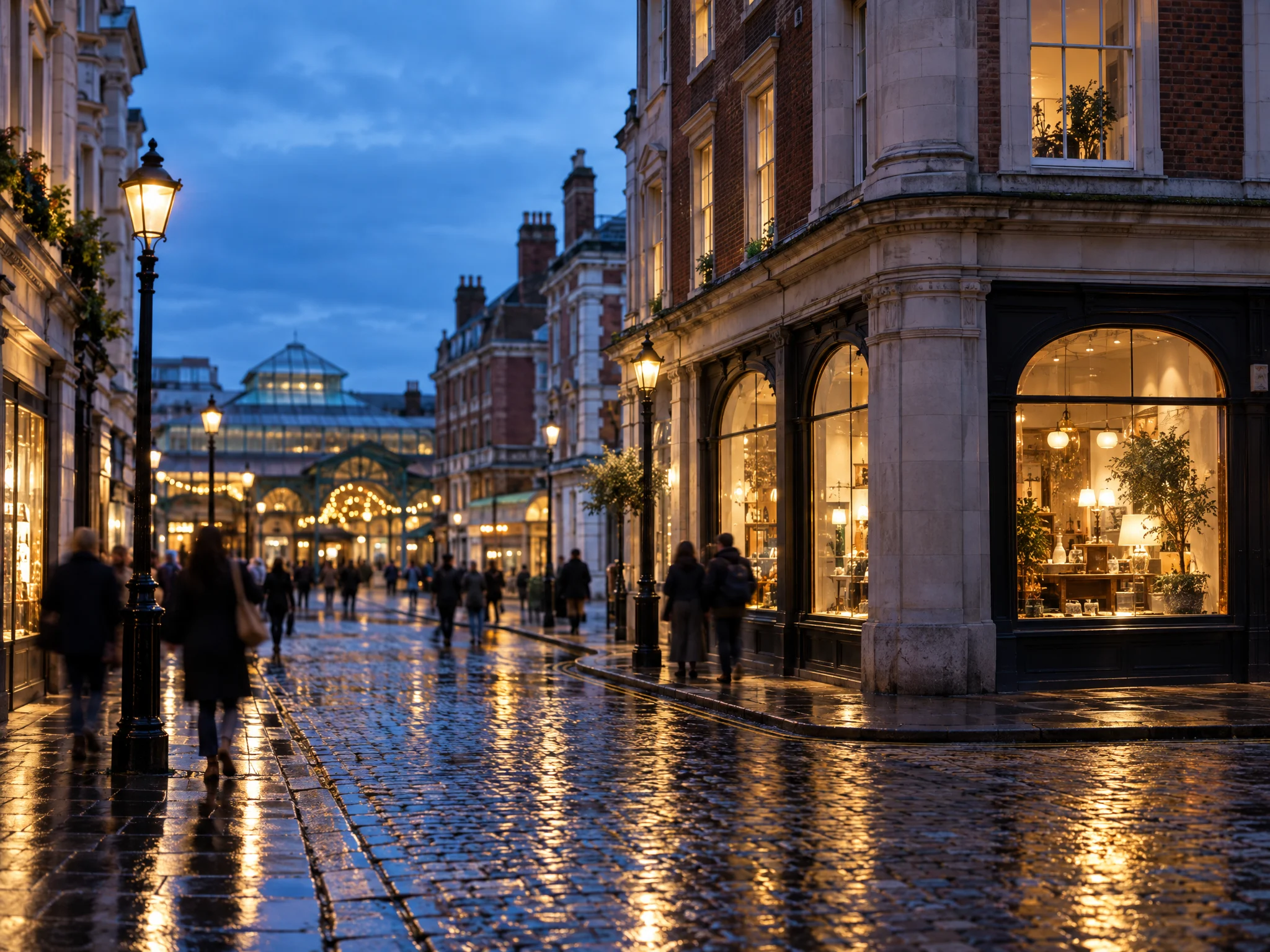 Covent Garden street at blue hour with lit shop windows