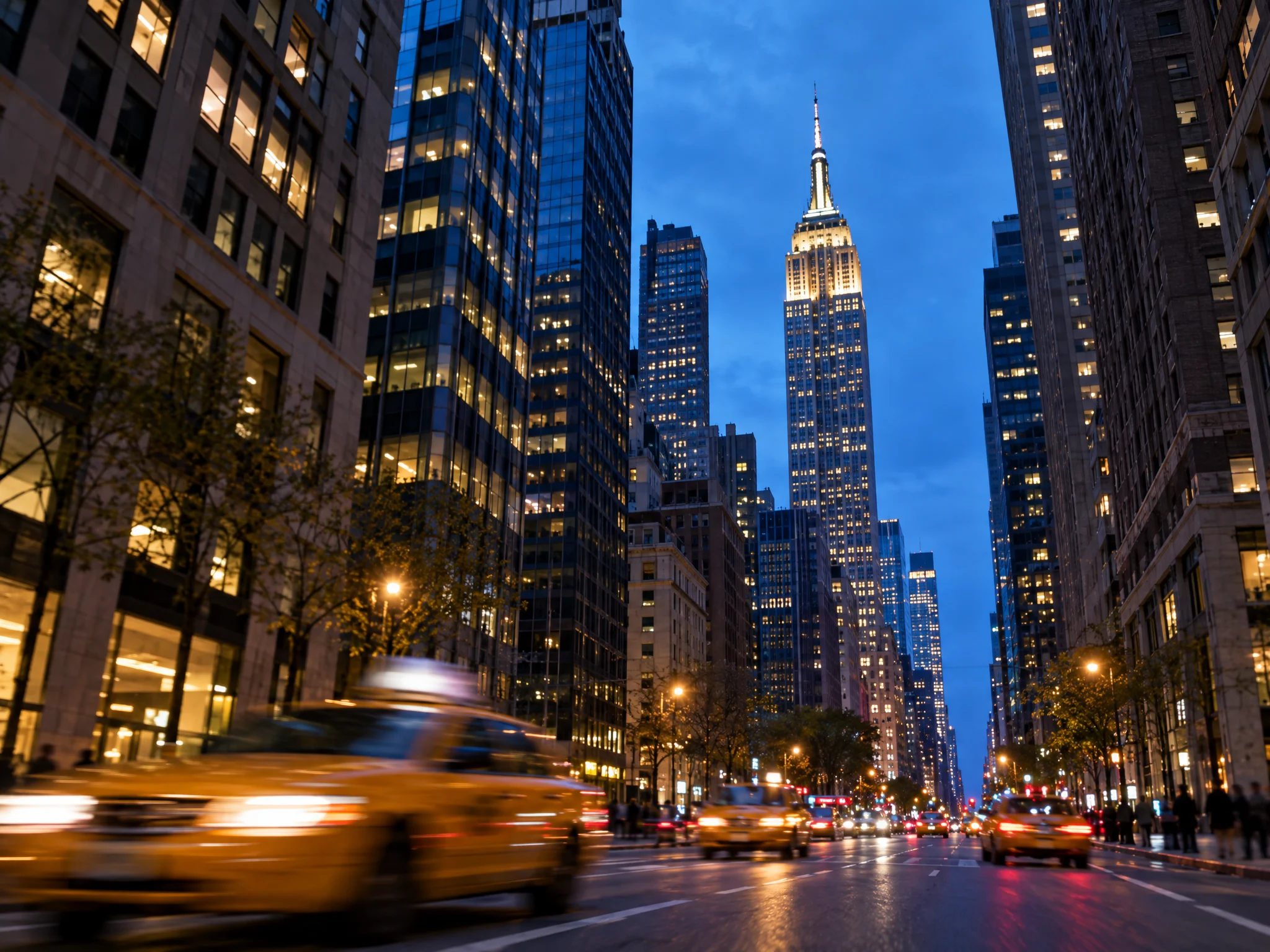 Midtown Manhattan avenue at blue hour with yellow cabs