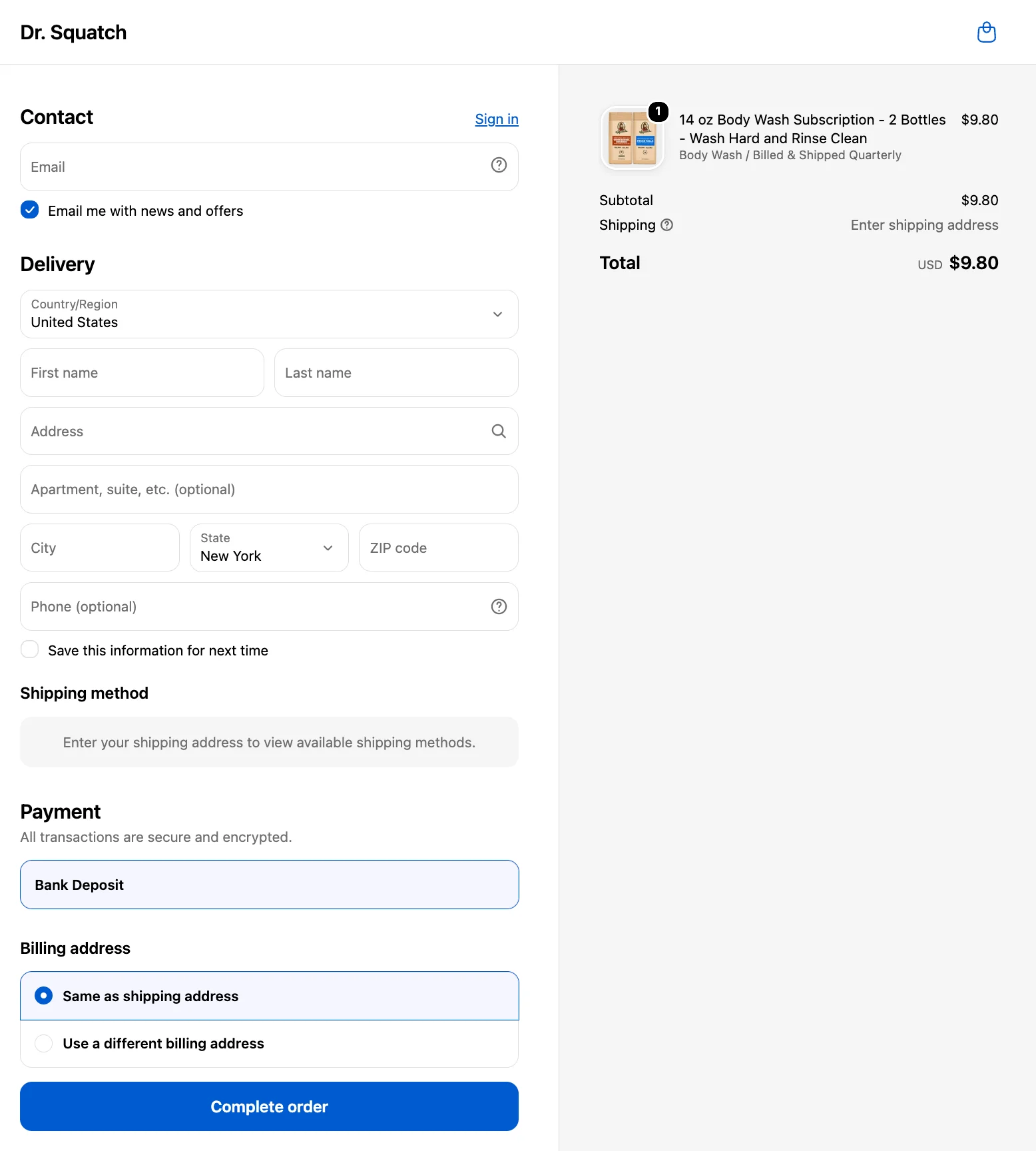 Fake Dr. Squatch checkout page